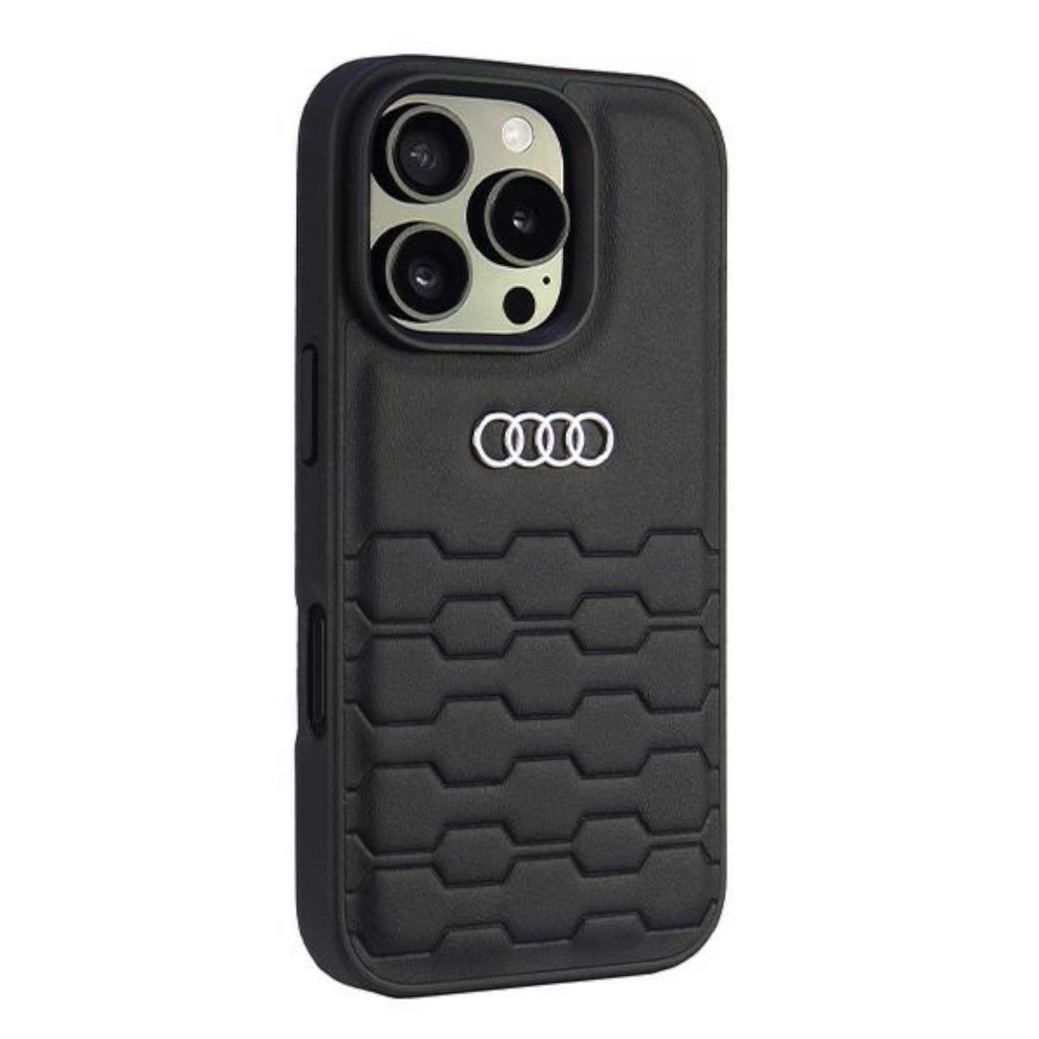 Custodia nera per telefono con logo Audi e motivo del battistrada sul retro, proteggendo le lenti della fotocamera.