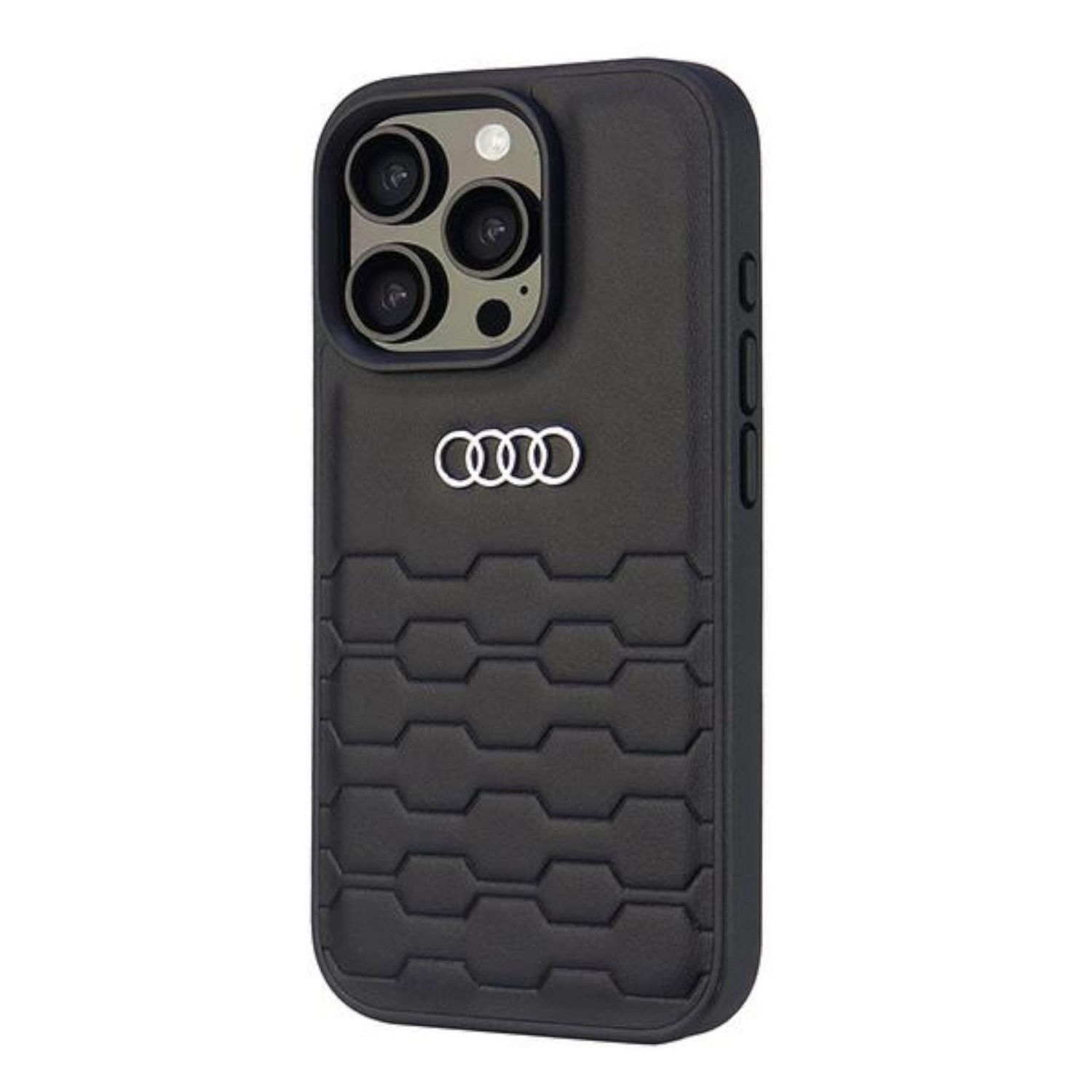 Custodia per telefono nera con logo Audi e design del battistrada.