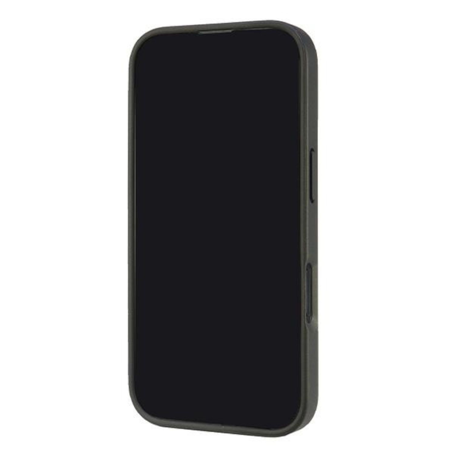 Un telefono nero con uno schermo nero e un bordo nero. Il telefono è verticale.