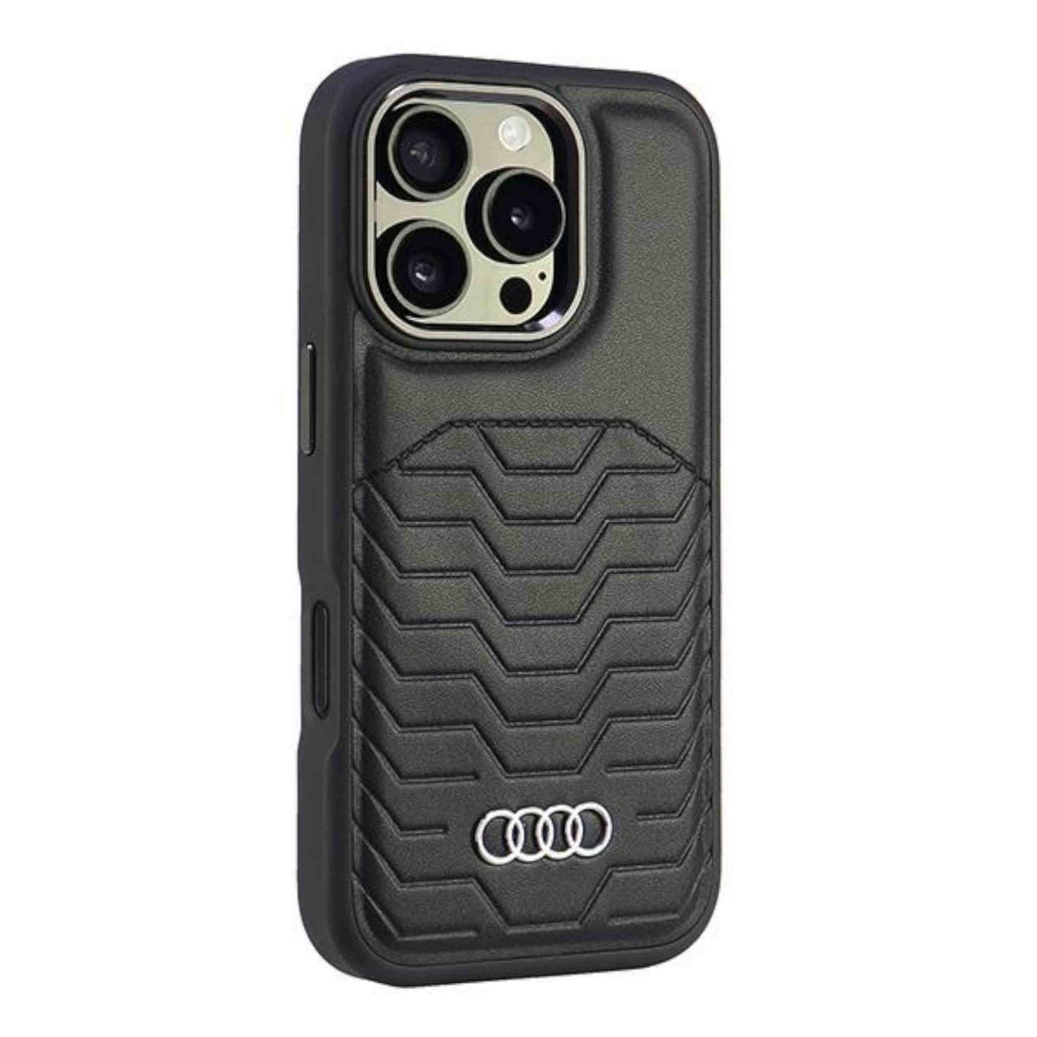 Custodia per telefono nera con logo Audi, che mostra un motivo strutturato.