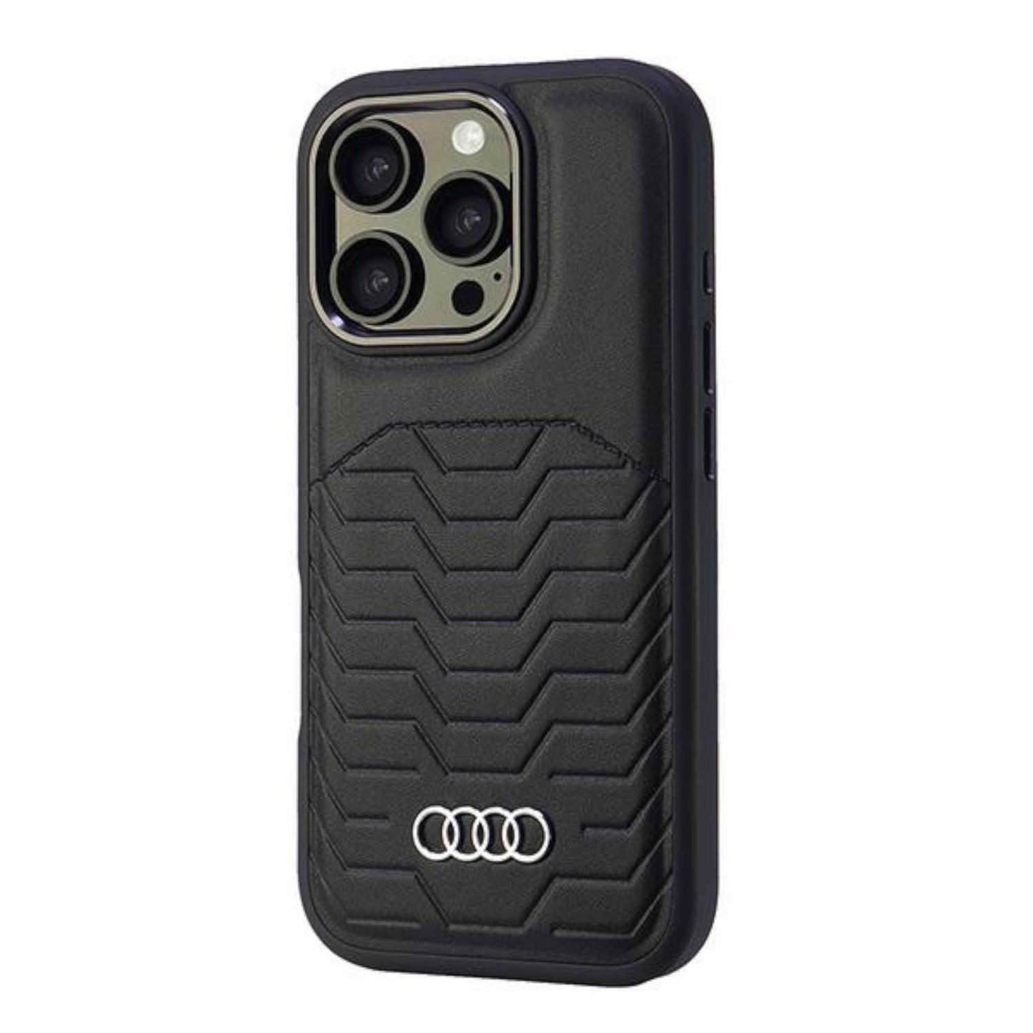 Custodia nera per iPhone con logo Audi e motivo battistrada sul retro, lenti della fotocamera visibili.