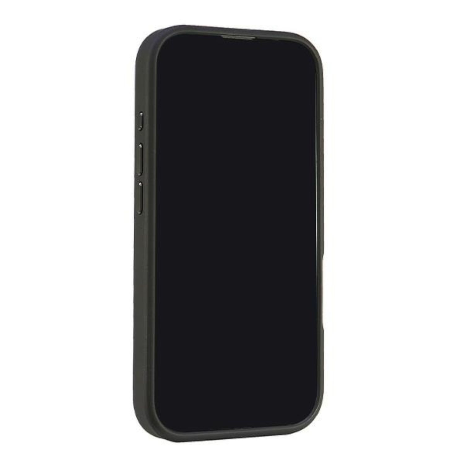 Telefono nero in una custodia nera. Lo schermo è nero. Il telefono è verticale.