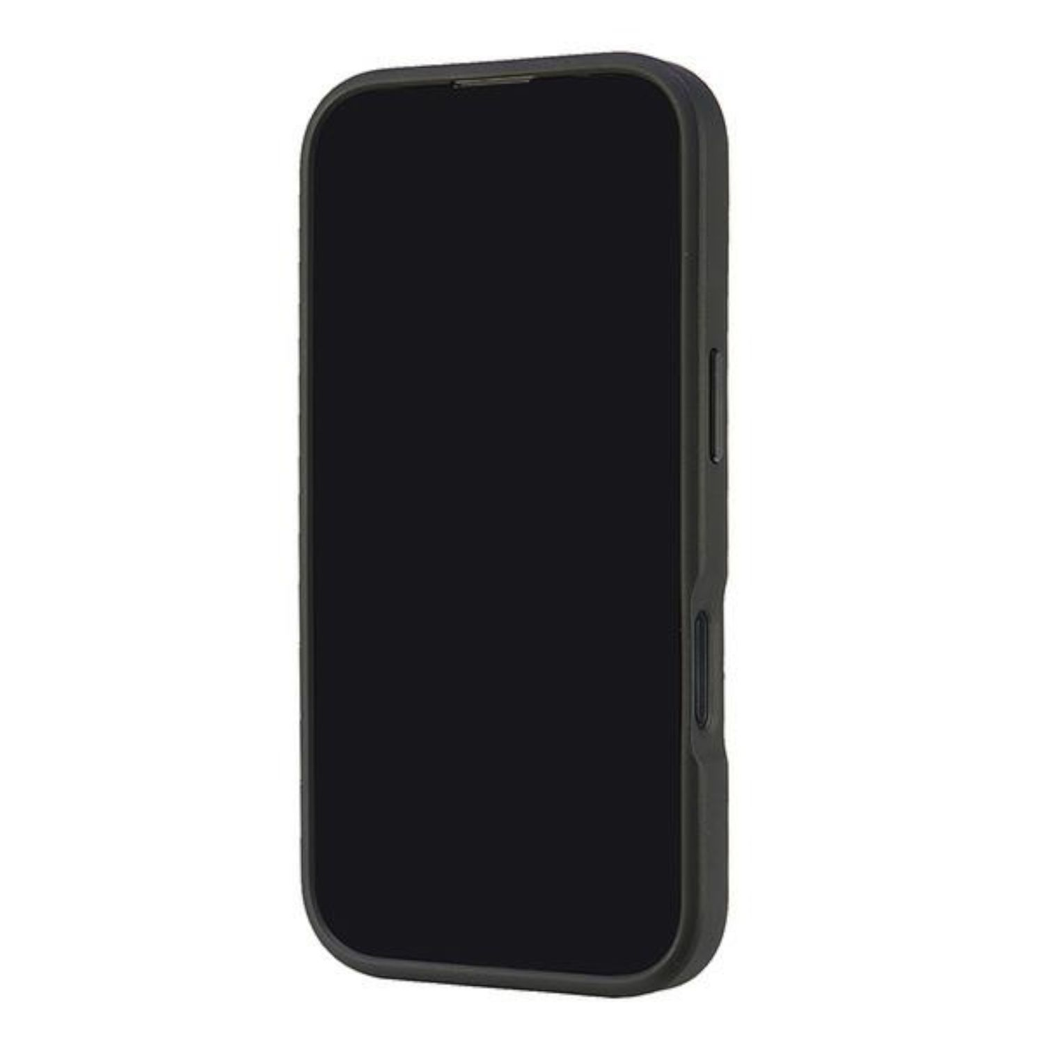 Uno smartphone nero con un ampio display, visto frontalmente. Lo schermo è completamente nero.