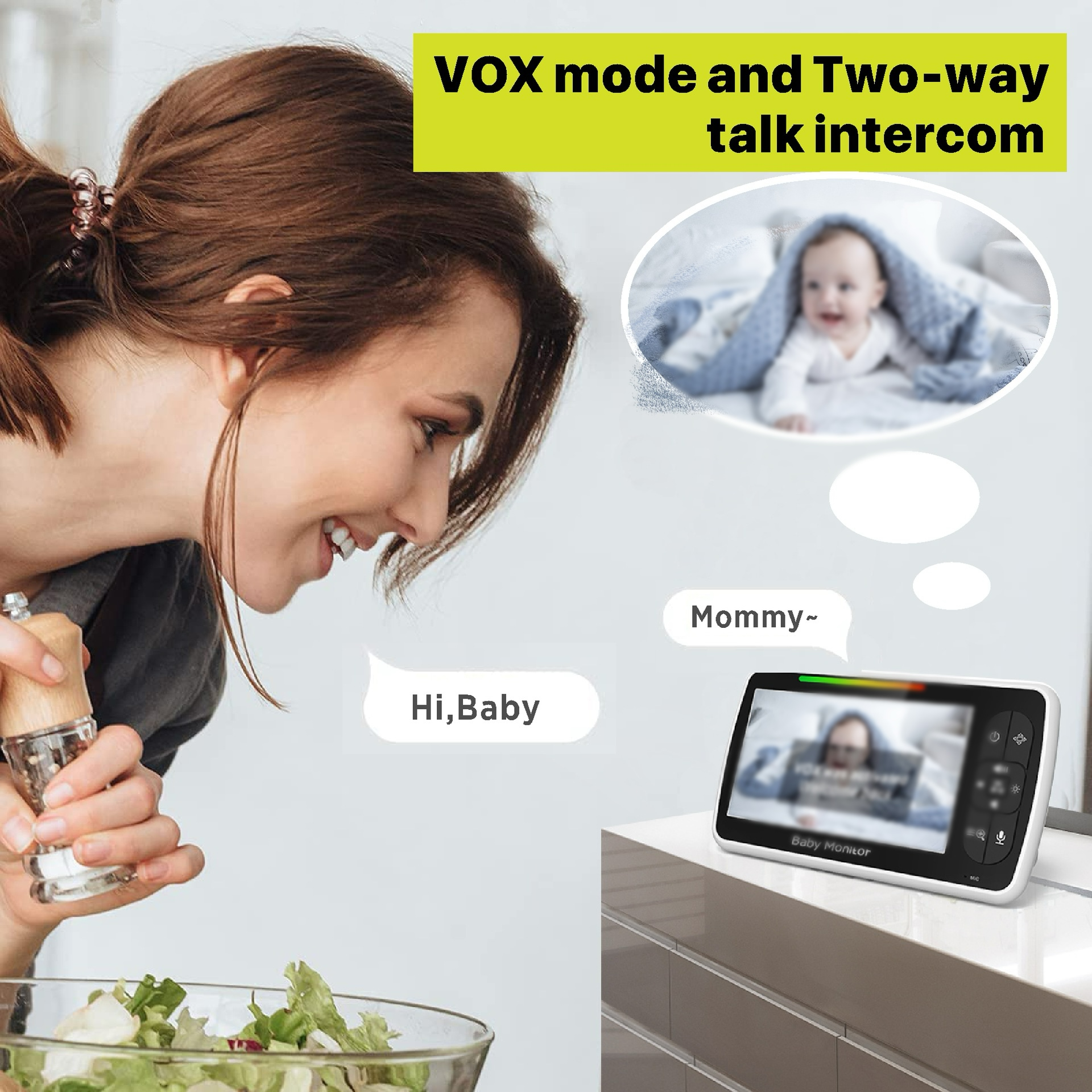 Frau in Küche, Babyphone zeigt Baby, Textblasen.