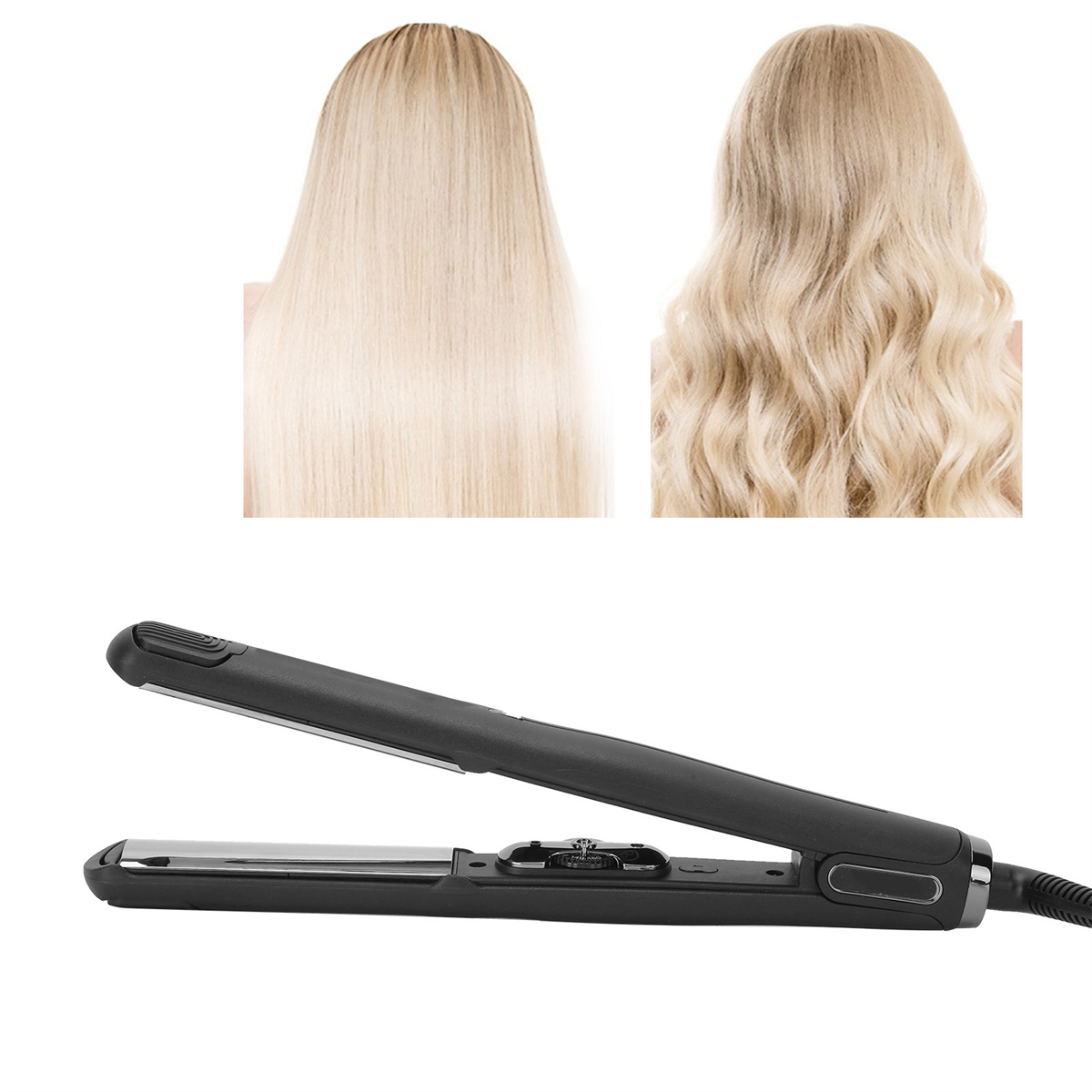 Zwei Frisuren, eine glatte blonde, eine blonde wellige, neben einem schwarzen Haarglätter.