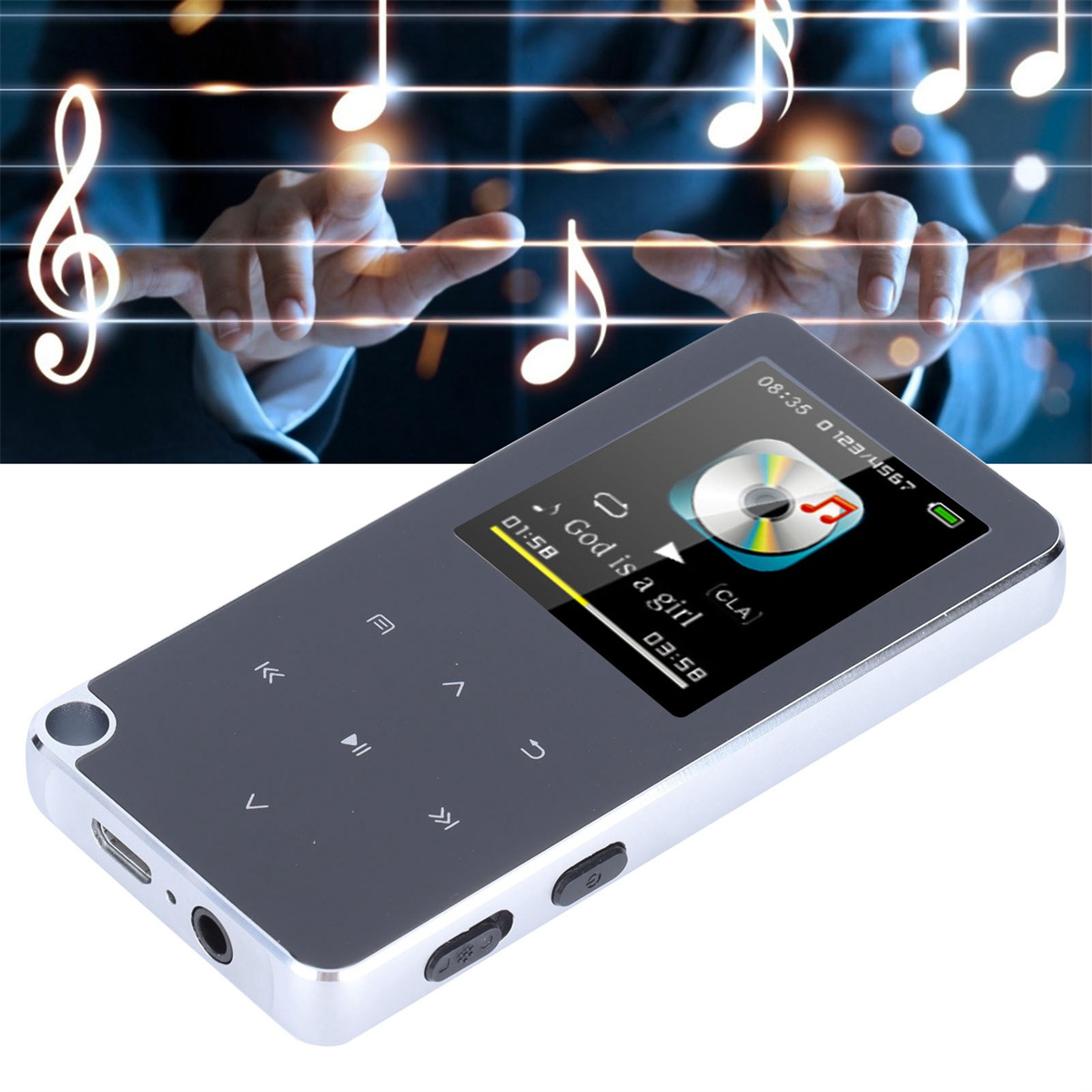 Ein schwarzer MP3-Player zeigt einen Musiktitel mit Songinfo auf dem Bildschirm, auf einem Tisch.