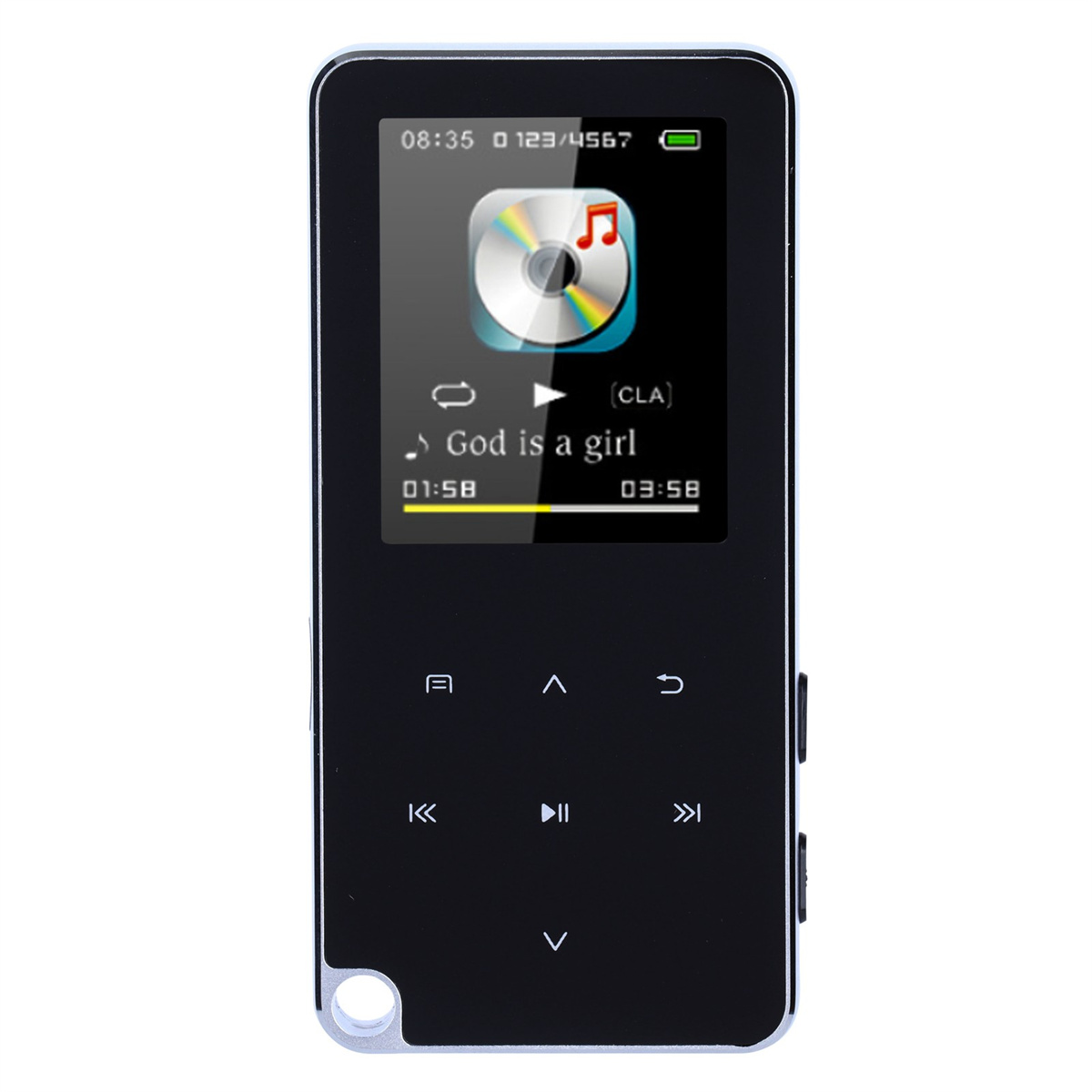 Ein schwarzer MP3-Player mit einem Bildschirm, der ein Musikalbumcover und Wiedergabesteuerungen anzeigt.