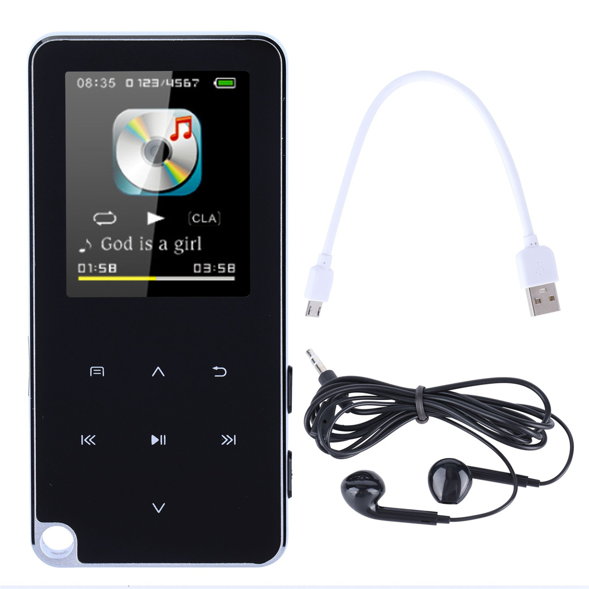 Ein schwarzer MP3-Player mit Kopfhörern und einem Ladekabel auf weißem Hintergrund.
