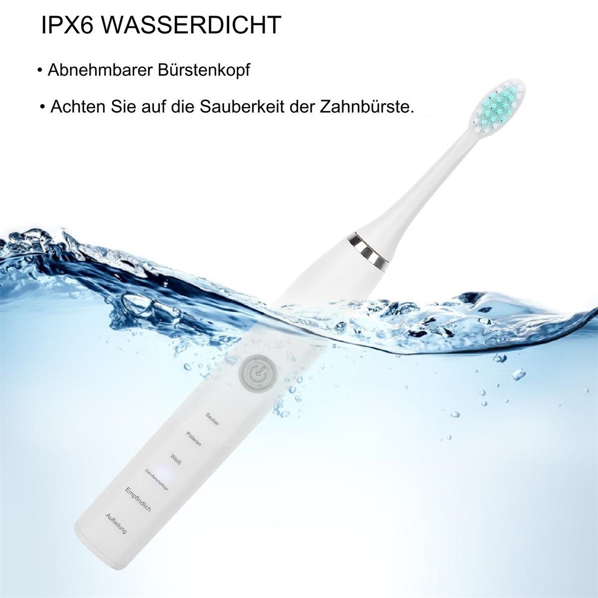 Weiße elektrische Zahnbürste in Wasser getaucht, mit Text, der die Funktionen beschreibt.