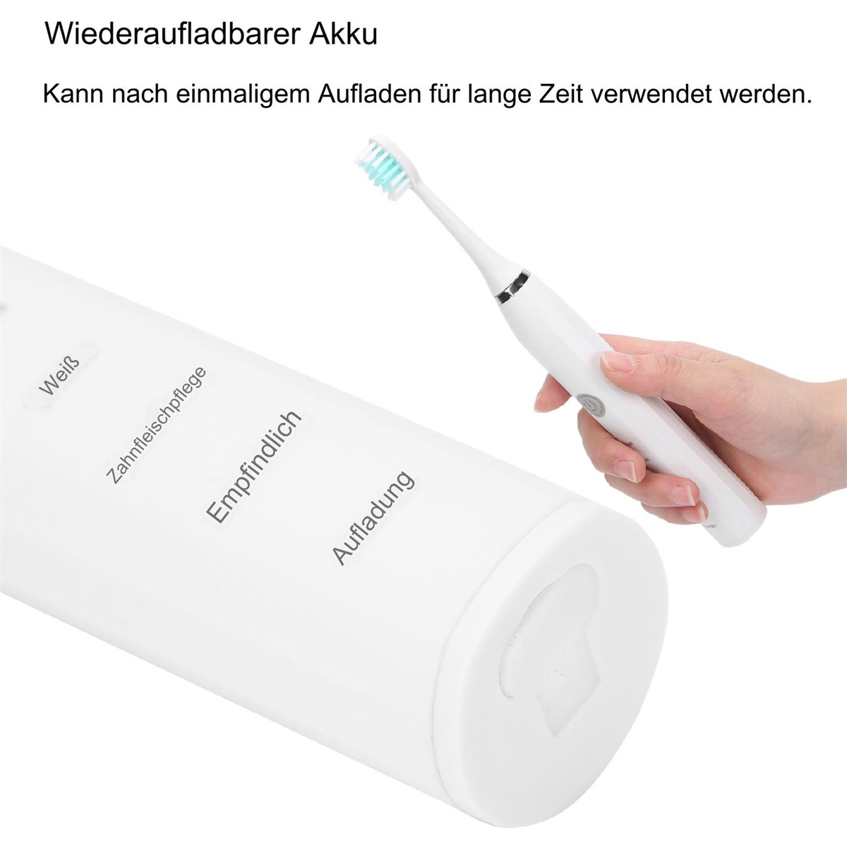 Weiße elektrische Zahnbürste und Ladestation, Hand hält die Bürste, Text seitlich.