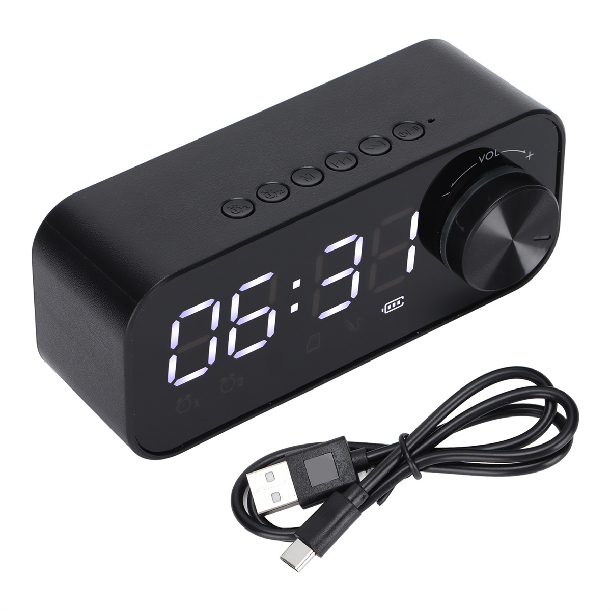 Schwarzer digitaler Wecker mit Anzeige 06:31. USB-Kabel und Netzteil sichtbar.
