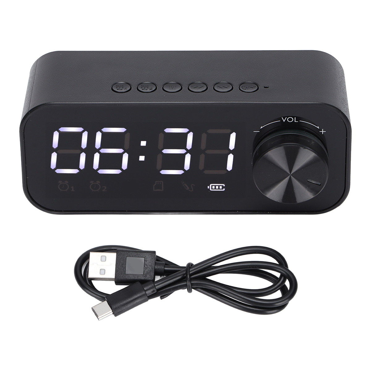 Schwarzer digitaler Wecker mit der Anzeige 06:31. USB-Kabel und Knöpfe sind sichtbar.