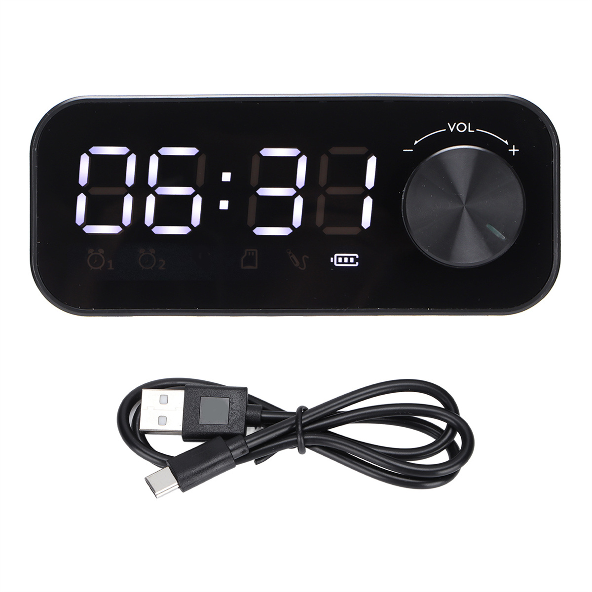 Schwarzer digitaler Wecker mit weißen Ziffern und einem Lautstärkeregler. Inklusive USB-Kabel. Schwarzer Hintergrund.
