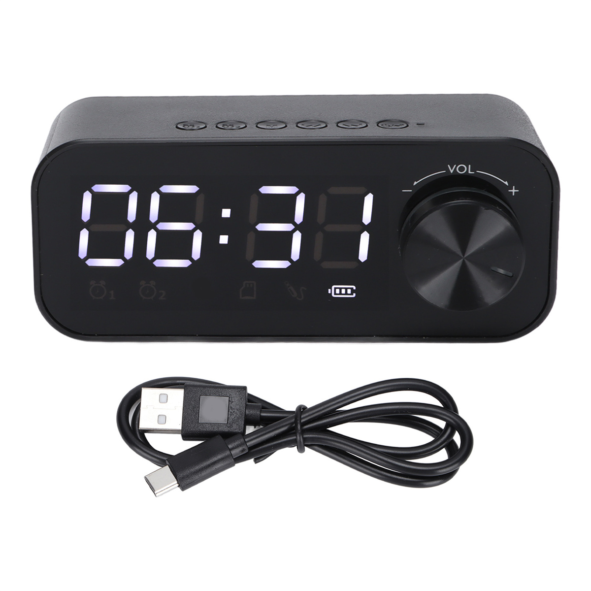 Schwarzer digitaler Wecker mit Zeitanzeige, Steuertasten und einem USB-Kabel.