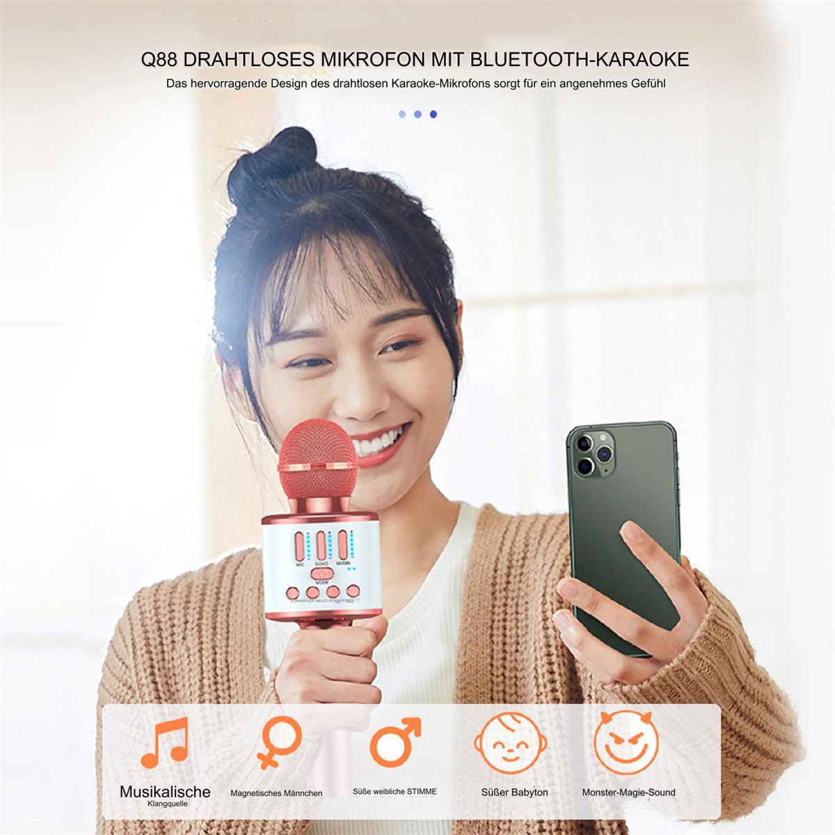 Frau mit rotem Mikrofon und Telefon. Bild mit Text zu Karaoke und Musik.