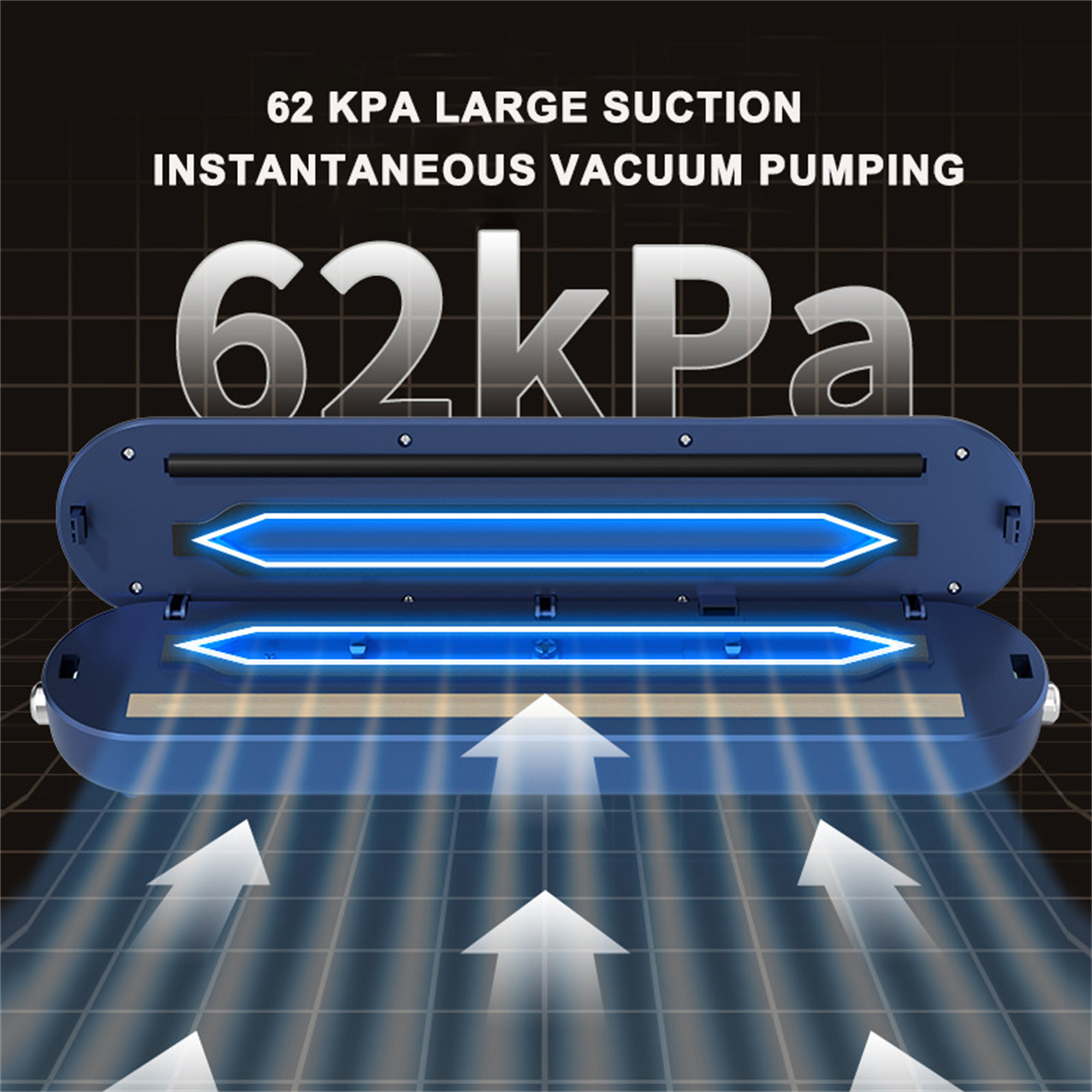 Vakuumiergerät mit Pfeilen. Text: 62 kPa starke Saugkraft, sofortiges Pumpen.