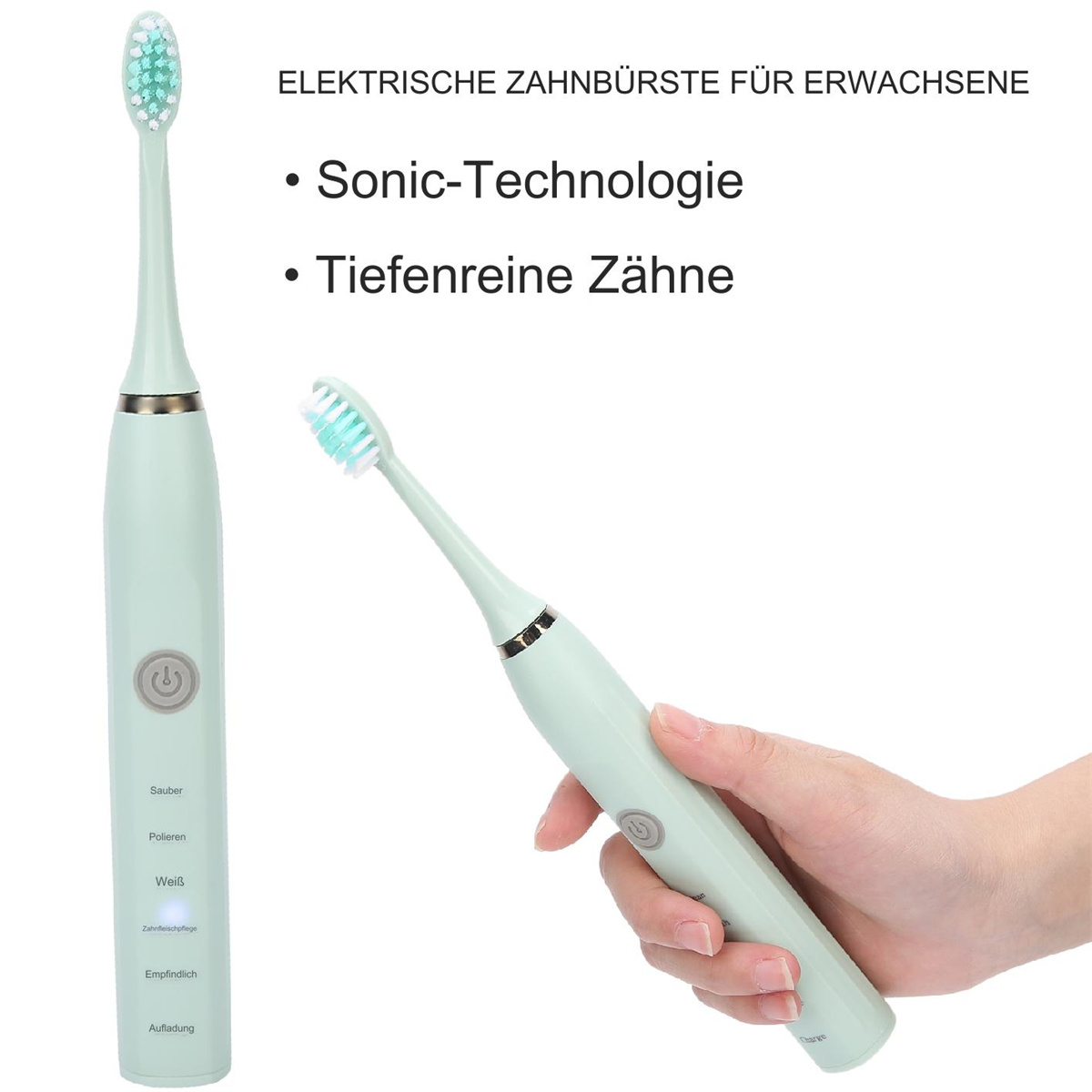 Zwei Zahnbürsten: eine aufrecht, eine gehalten. Hellgrün mit weißen Borsten. Text erwähnt Schalltechnologie.