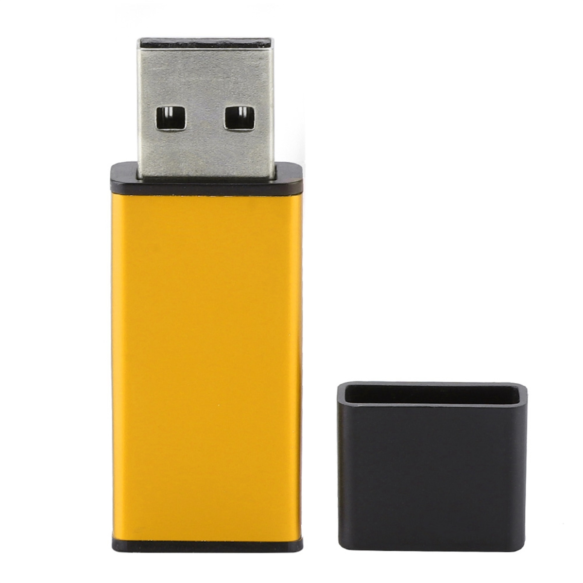 Ein gelber USB-Stick mit schwarzer Kappe. Er hat eine rechteckige Form.