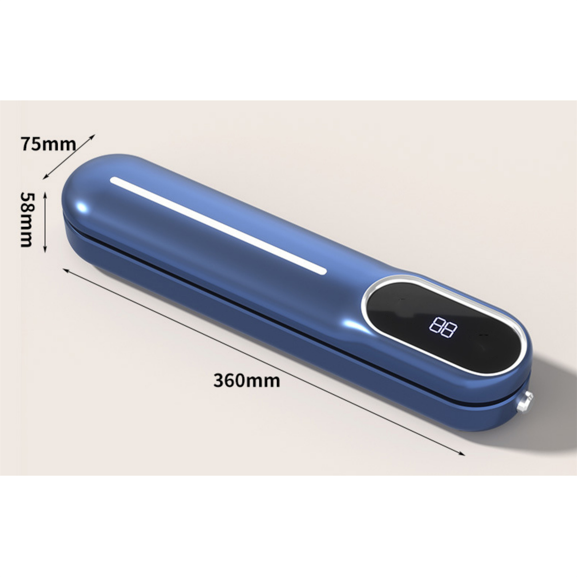 Blauer, oval geformter, tragbarer UV-Sterilisator mit Abmessungen und digitaler Anzeige.