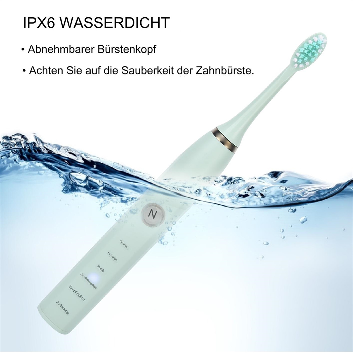 Elektrische Zahnbürste im Wasser. Weiß und grün. Text sagt IPX6 wasserdicht. Die Bürste ist an und zeigt Einstellungen.