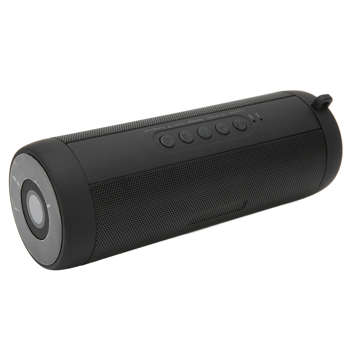 Schwarzer zylindrischer Bluetooth-Lautsprecher mit Knöpfen.
