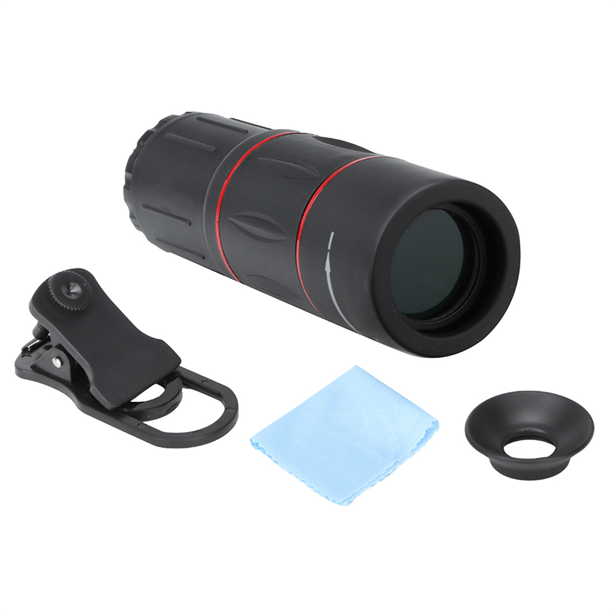 Schwarz-rotes Monokular mit Zubehör: Telefonclip, Reinigungstuch und Kappe.