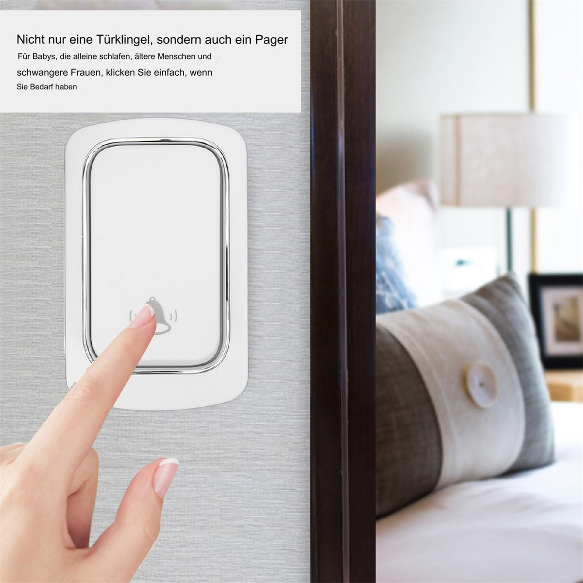 Ein Finger drückt eine Türklingeltaste an einer Wand. Text: Türklingel.