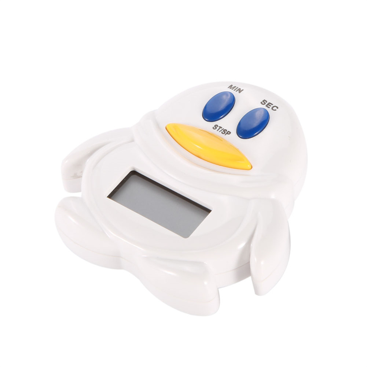 Weißer pinguinförmiger Küchentimer mit blauen Knöpfen und gelbem Schnabel.