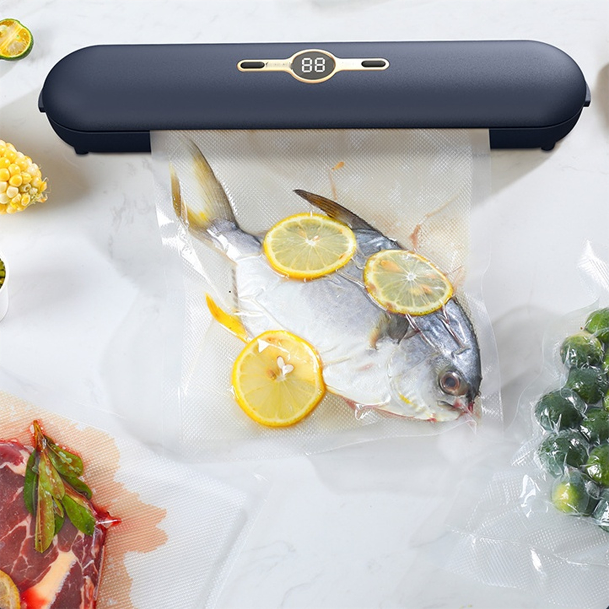 Ein Fisch mit Zitronenscheiben wird vakuumverpackt. Das Vakuumiergerät ist im Hintergrund.