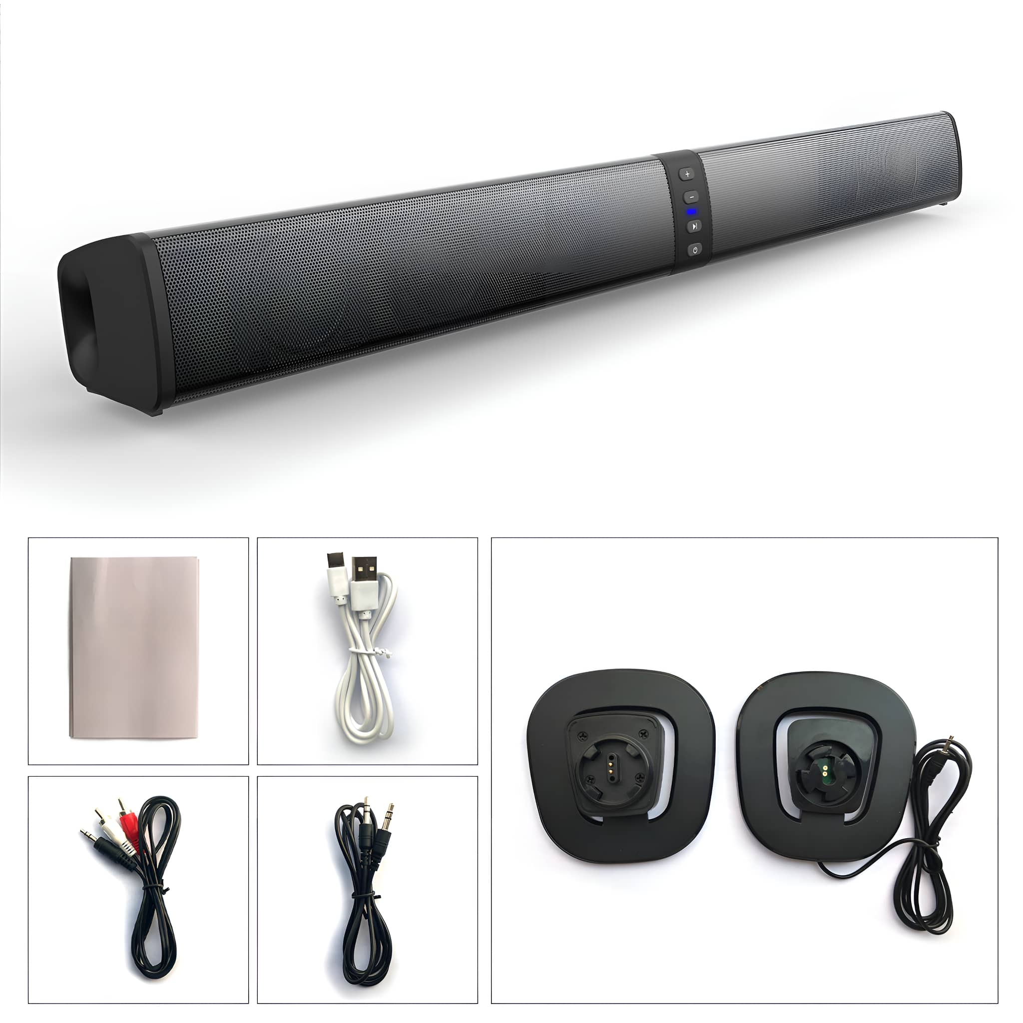 Eine schwarze Soundbar mit zusätzlichen Artikeln. Zu den Artikeln gehören Kabel, eine Anleitung und Lautsprecher.