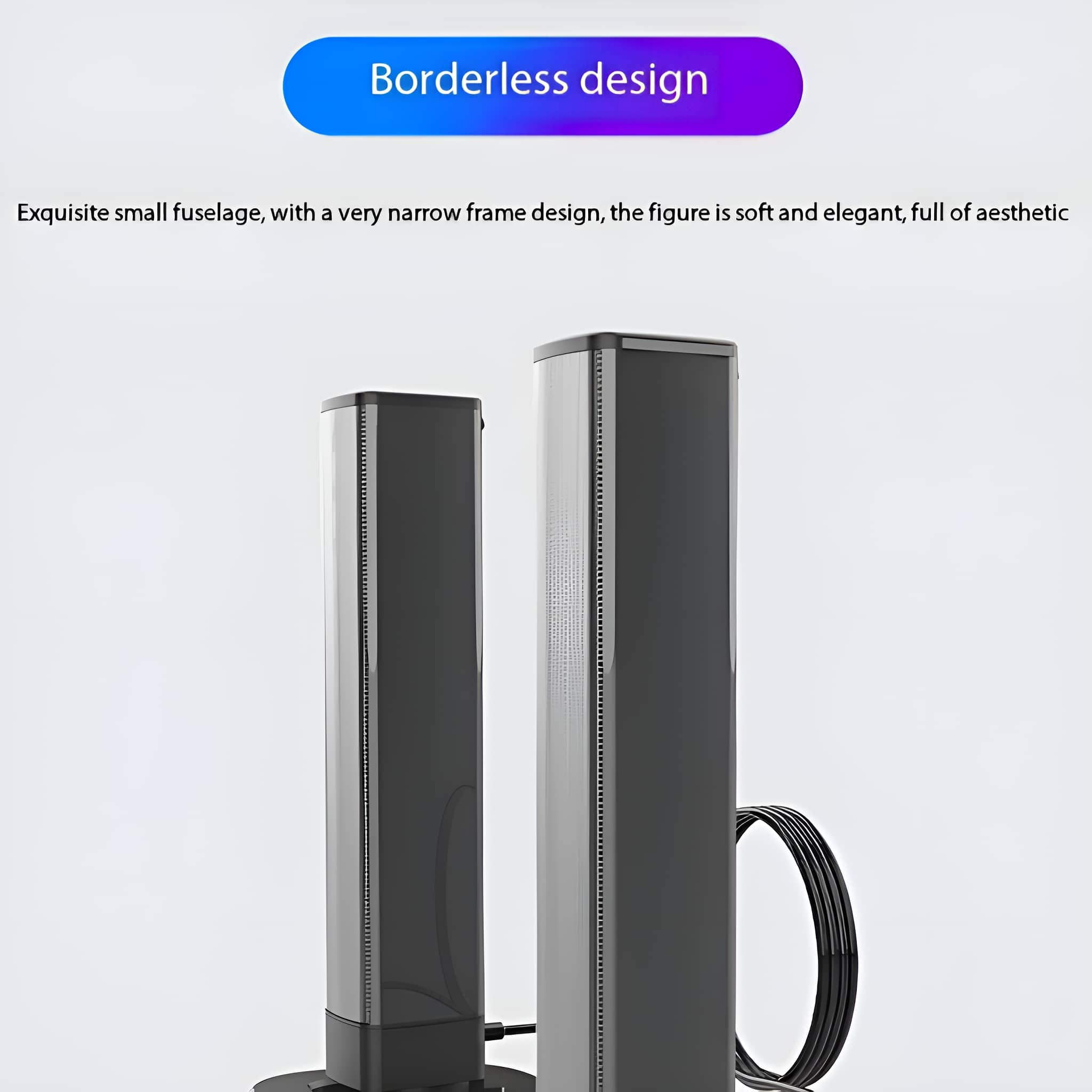 Zwei schwarze Lautsprecher mit randlosem Design. Die Lautsprecher sind auf hellem Hintergrund.