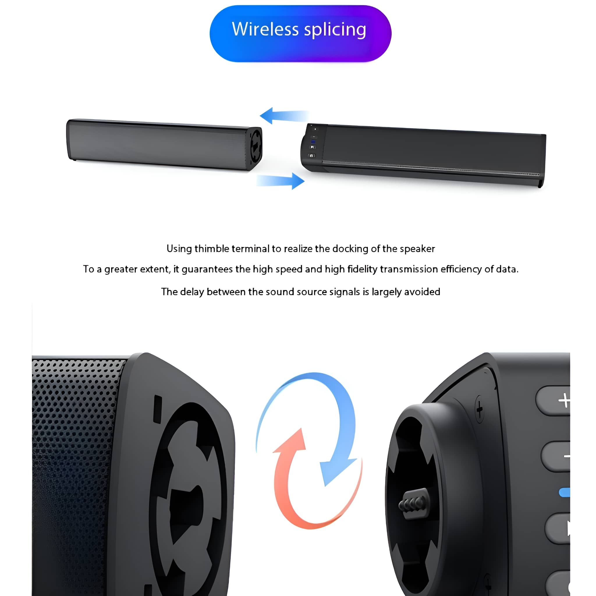 Zwei schwarze Soundbars, die drahtlos verbunden werden können. Pfeile veranschaulichen den Verbindungsvorgang.
