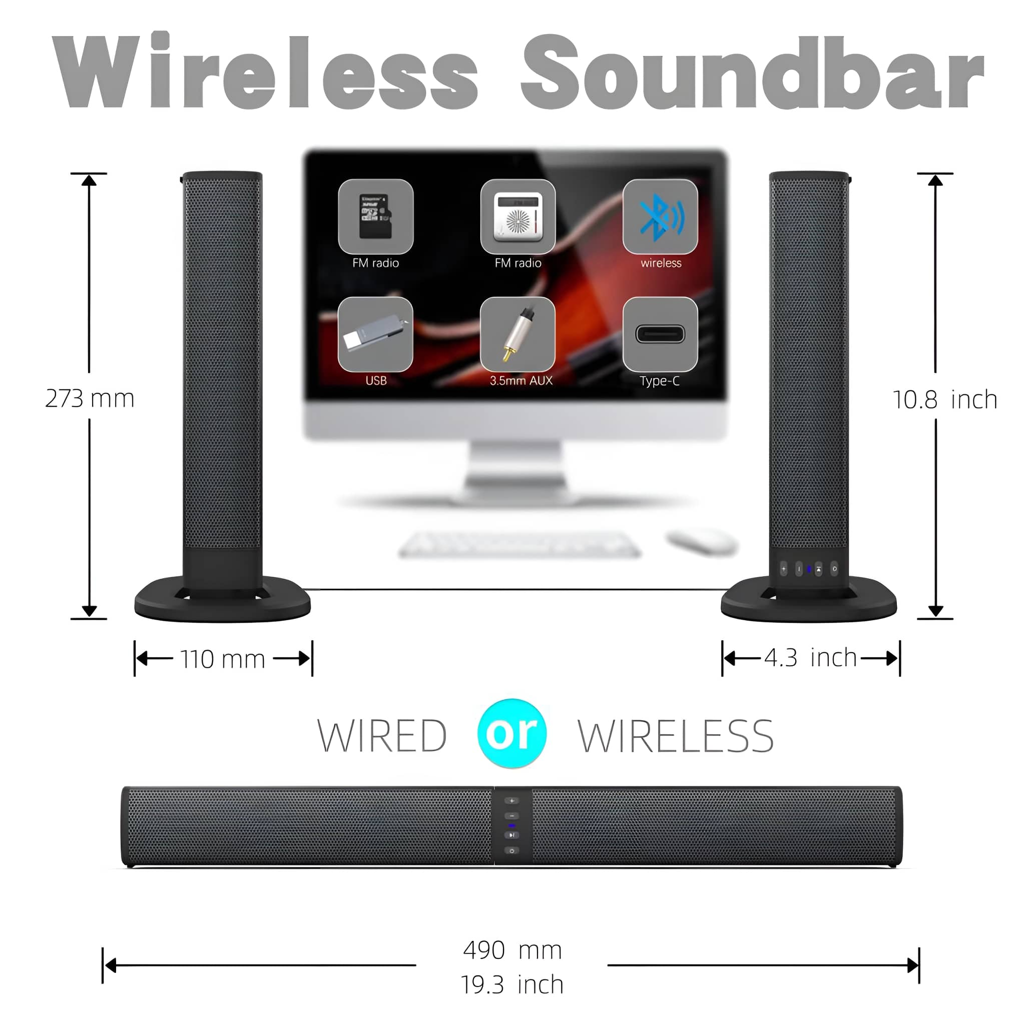 Drahtlose Soundbar mit Abmessungen, mit einem Bildschirm mit Symbolen für UKW-Radio, USB und drahtlos.