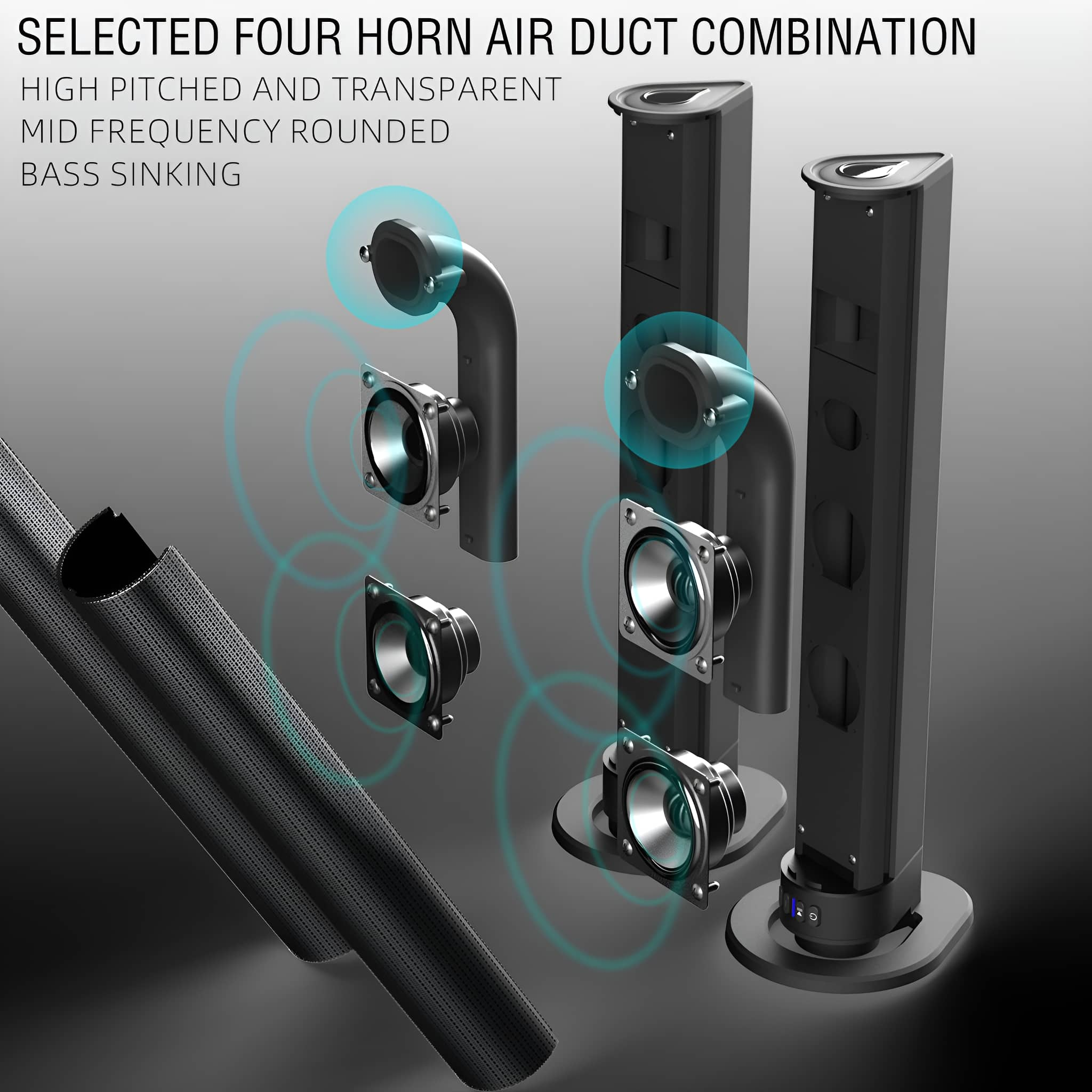 Vier Lautsprecher in einer Reihe mit einem schwarz-grauen Design. Der Hintergrund ist schwarz mit blauen Lichtlinien.