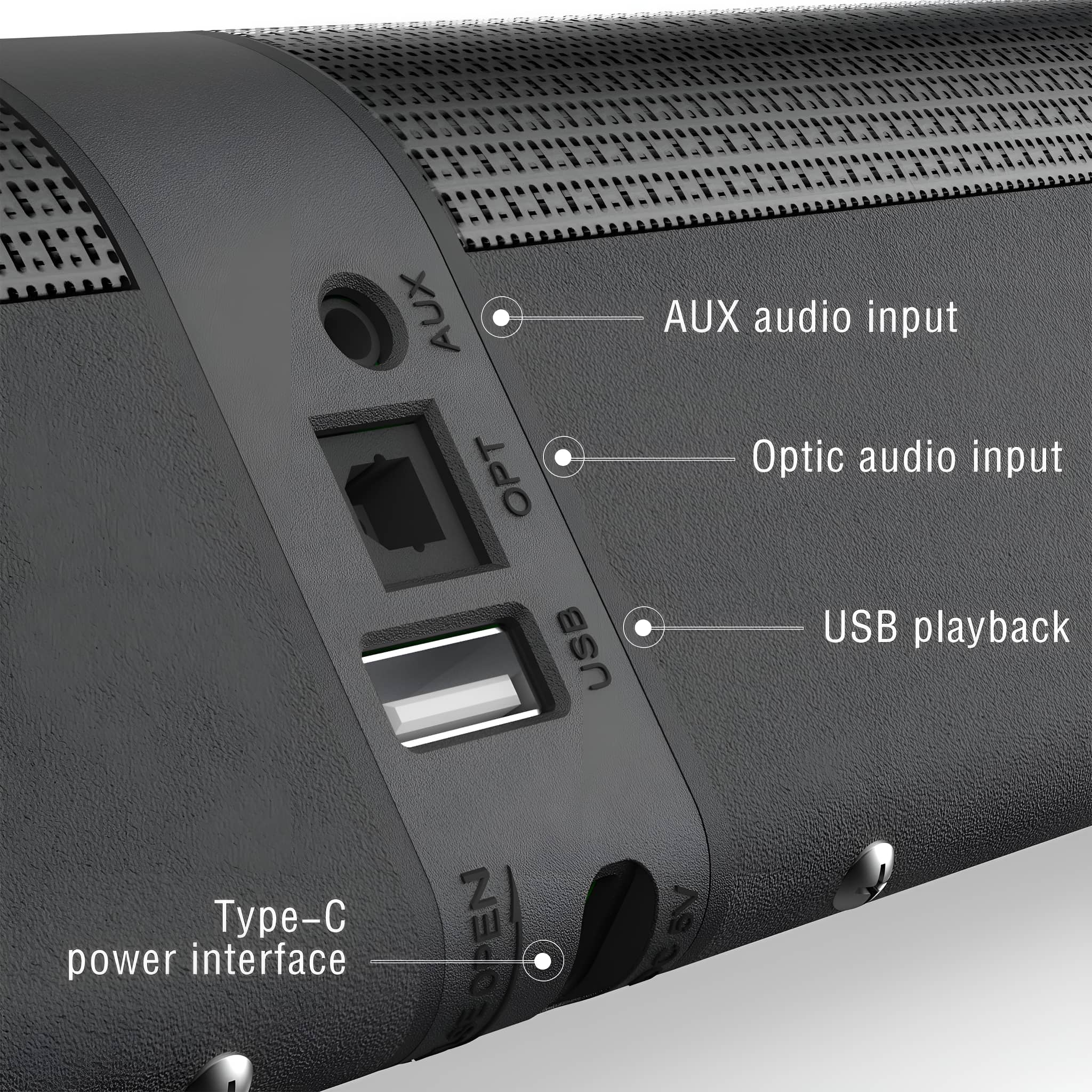 Nahaufnahme der Rückseite einer schwarzen Soundbar mit verschiedenen Eingangsoptionen.