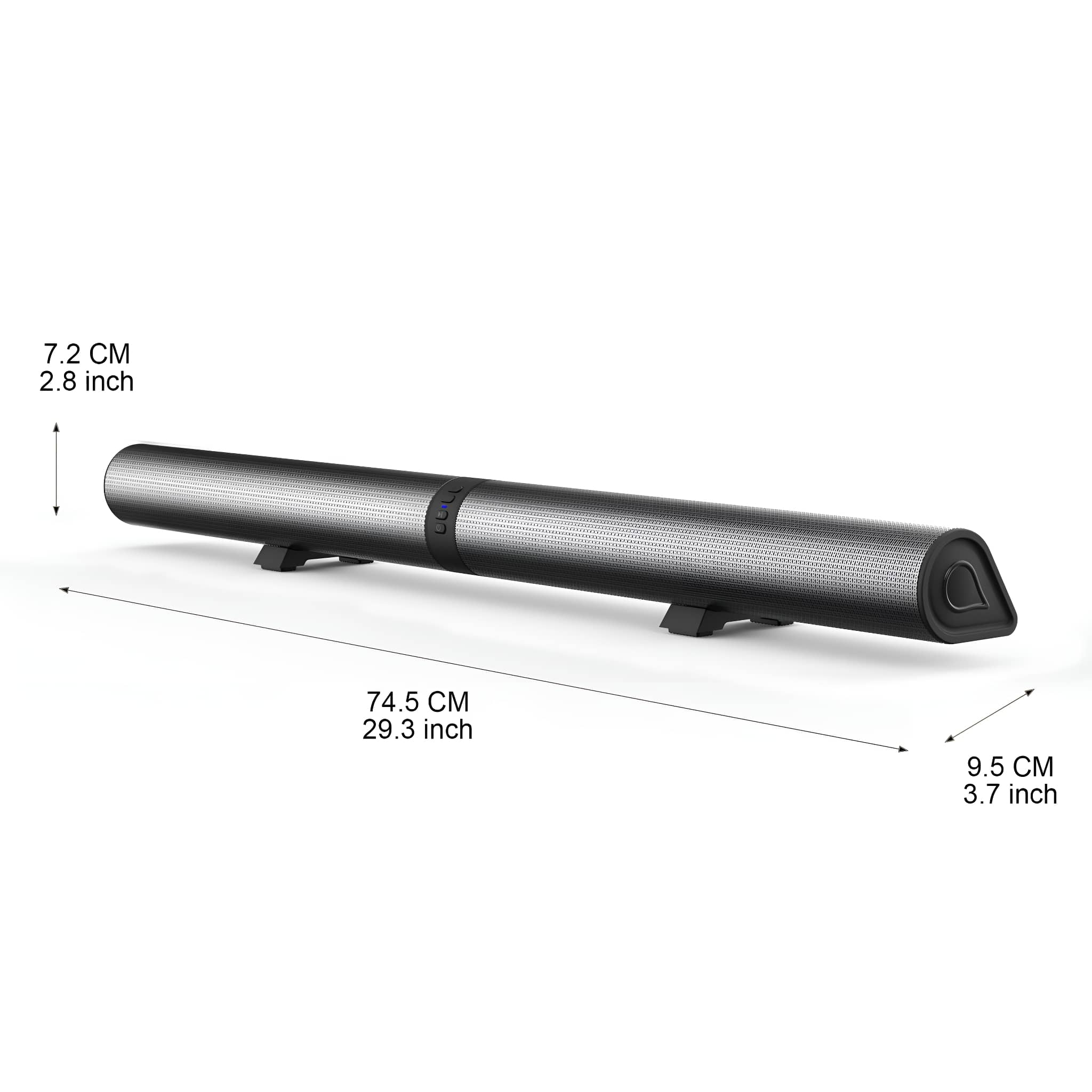Eine schwarze und silberne Soundbar mit Abmessungen, mit einer perforierten Front und Messmarkierungen.