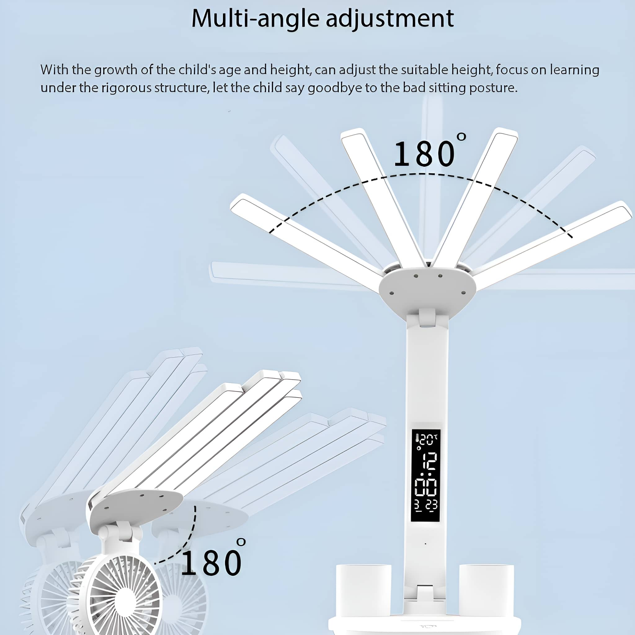 Eine weiße Schreibtischlampe mit verstellbaren Armen. Eine Digitalanzeige zeigt Zeit und Temperatur. Der Text lautet 'Multi-angle adjustment'.