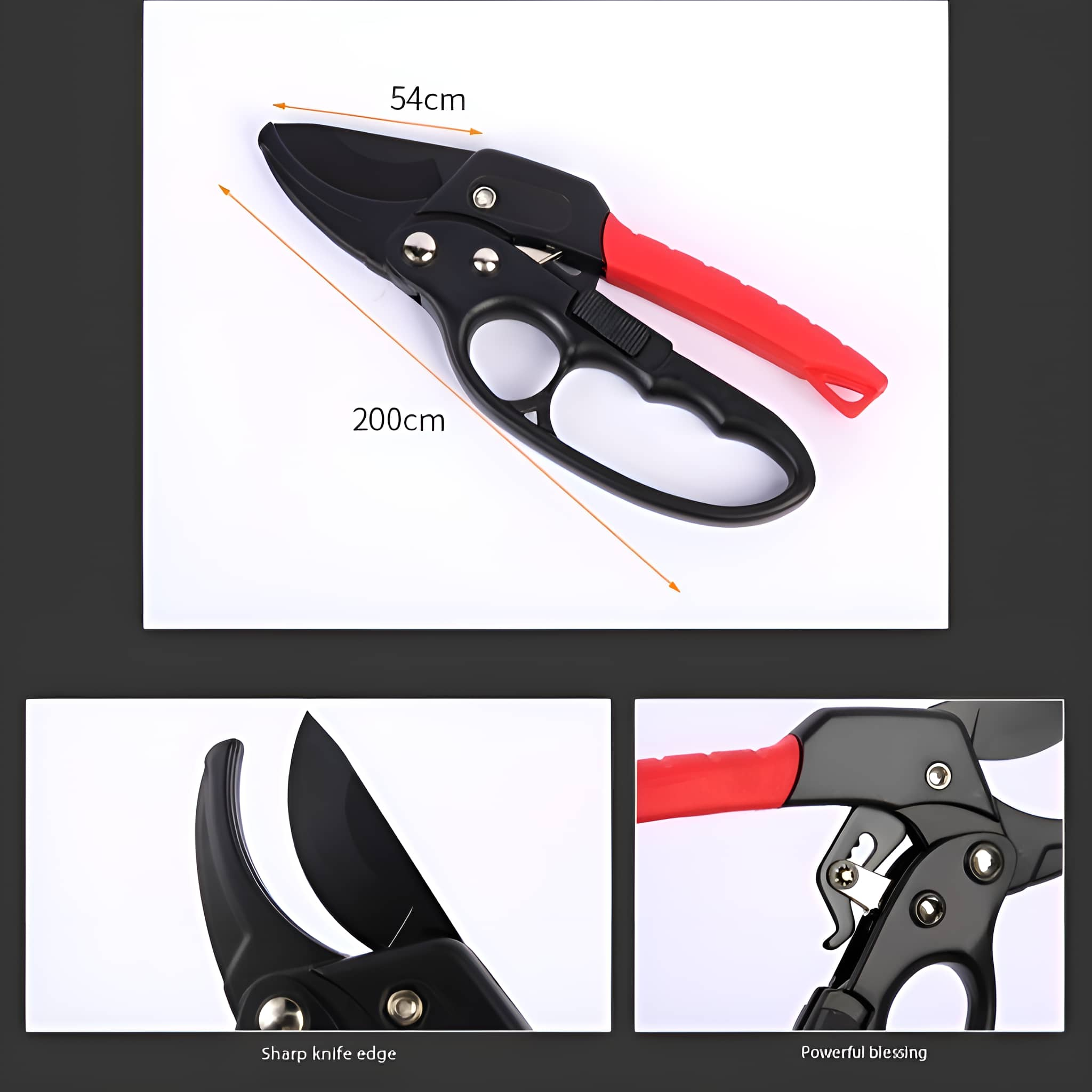 Schwarz-rote Gartenschere. Abmessungen und Detailaufnahmen der Klingen und des Griffs.