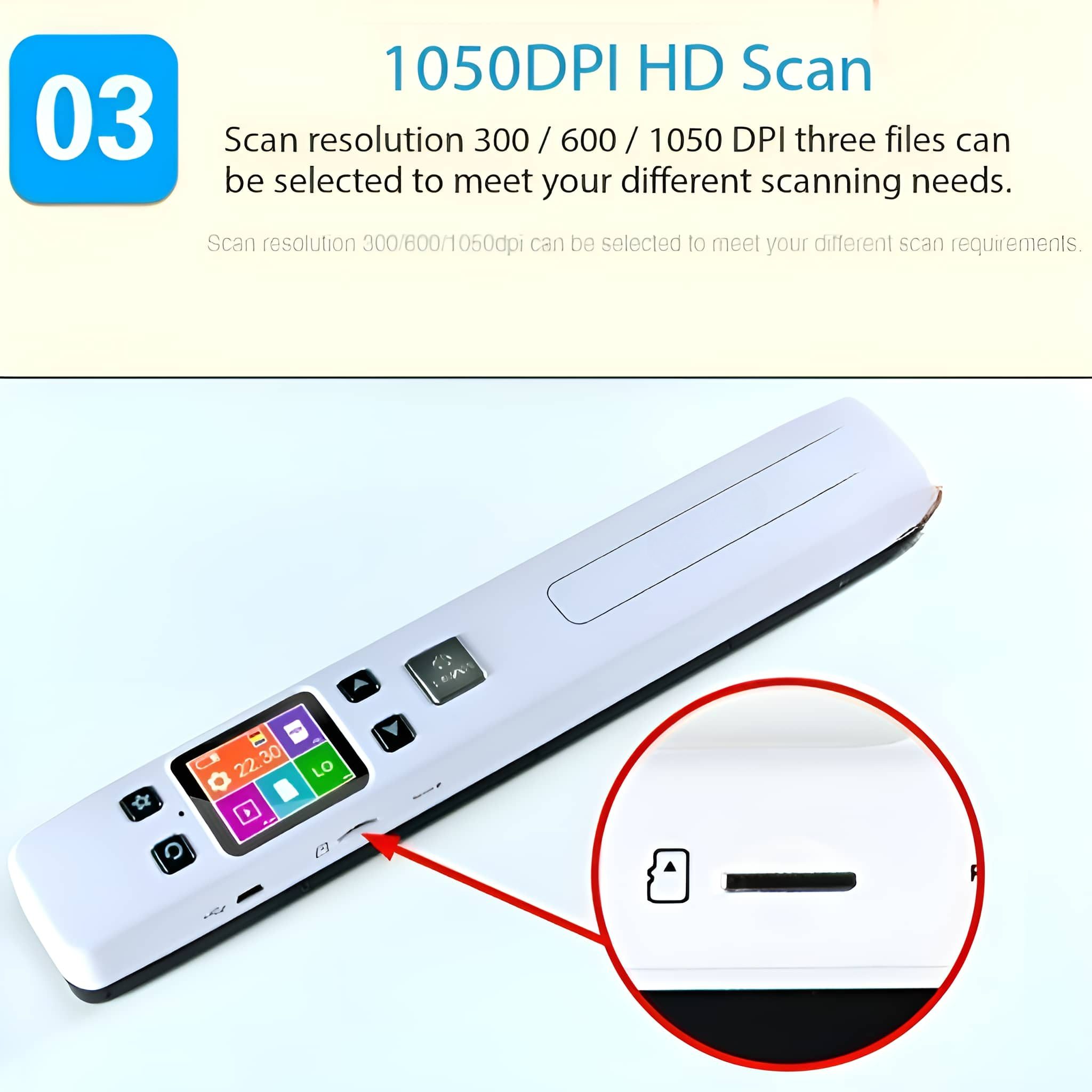 Weißer Handscanner mit kleinem Display und Kartensteckplatz.