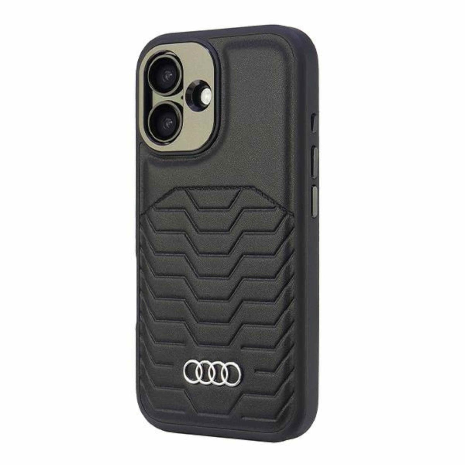 Custodia nera per telefono con disegno del battistrada e logo Audi. La custodia copre la fotocamera.