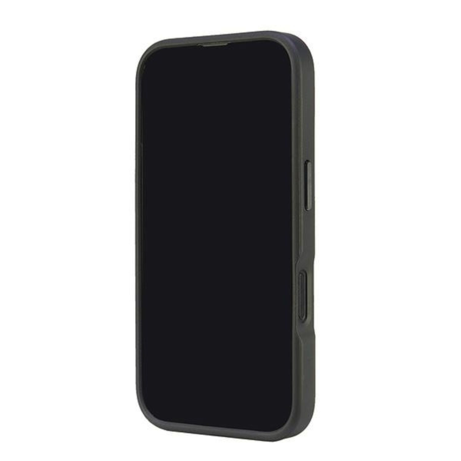 Custodia per telefono nera su sfondo bianco. Lo schermo del telefono è nero. La custodia ha un design semplice.
