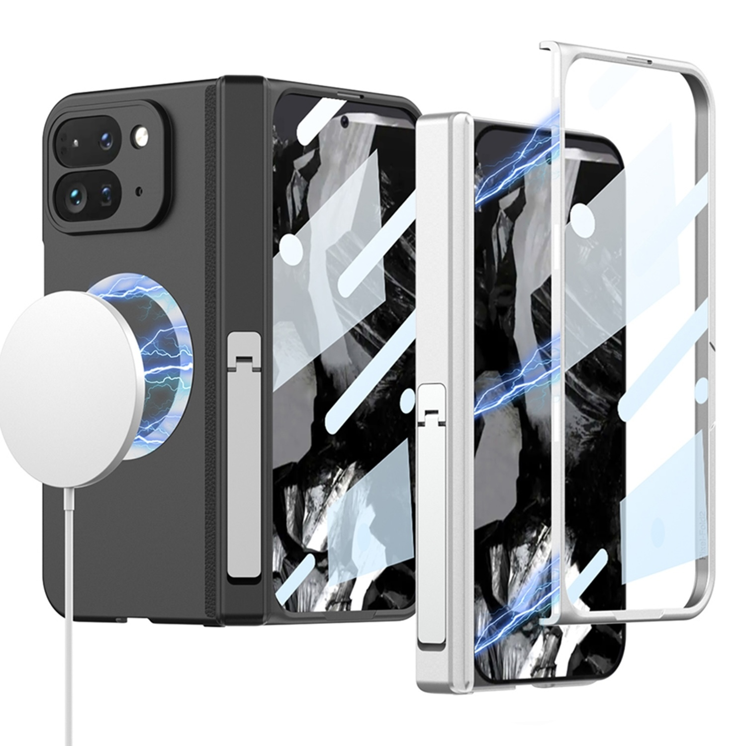 Eine schwarze Handyhülle mit weißem Ladegerät, Magnetbefestigung und abgetrennten Handyteilen.