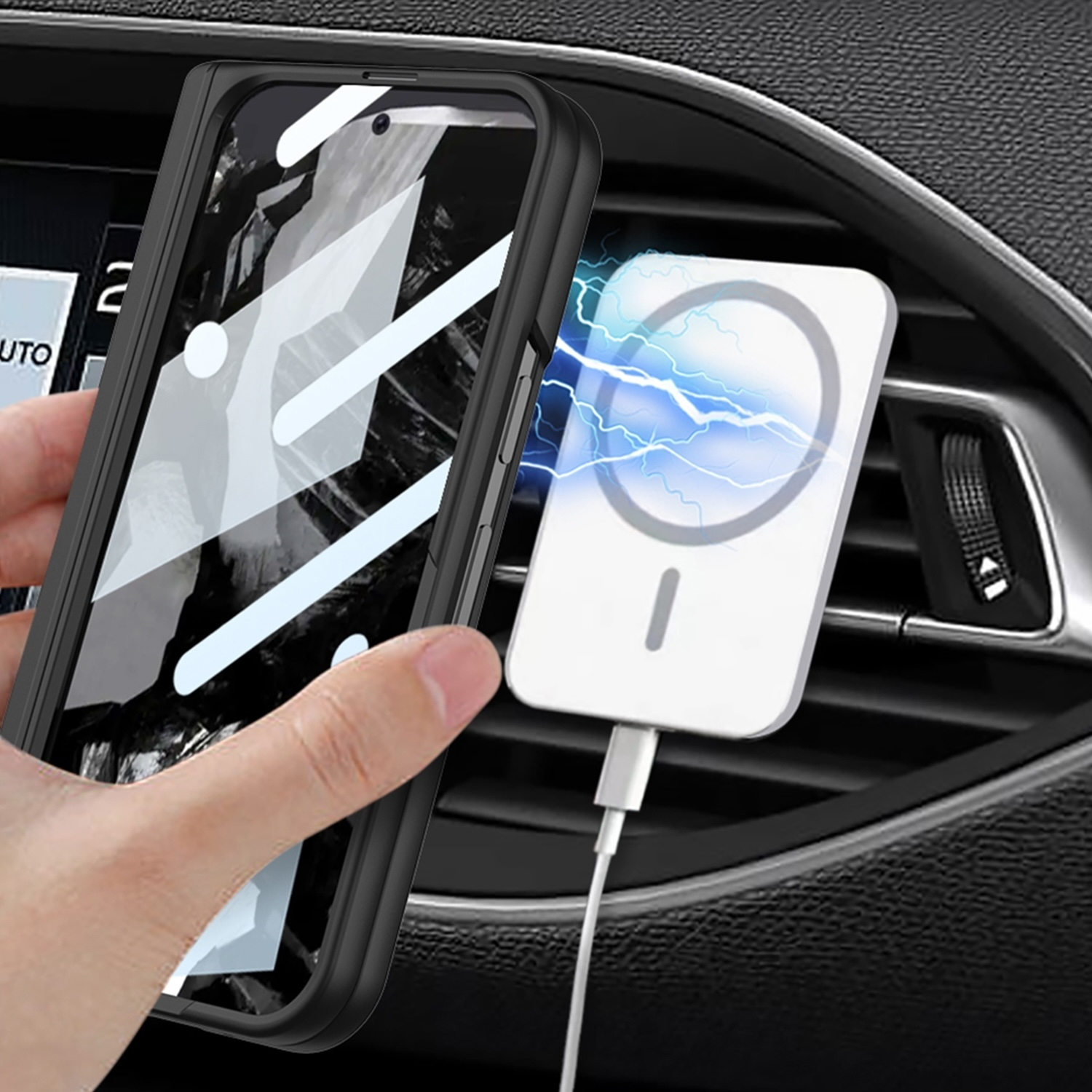 Hand hält Handyhülle mit Telefon, kabellos in einer Autolüftung ladend.