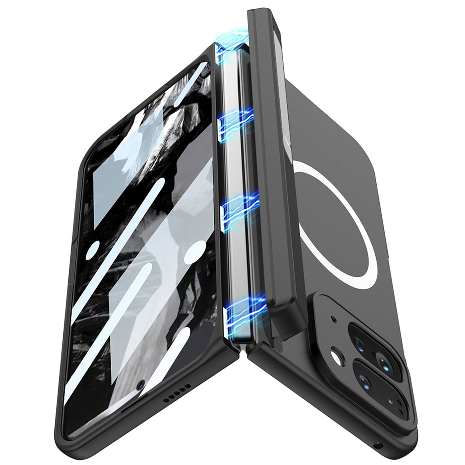 Schwarze Handyhülle mit magnetischem Design, geöffnet, um das Telefon zu zeigen.