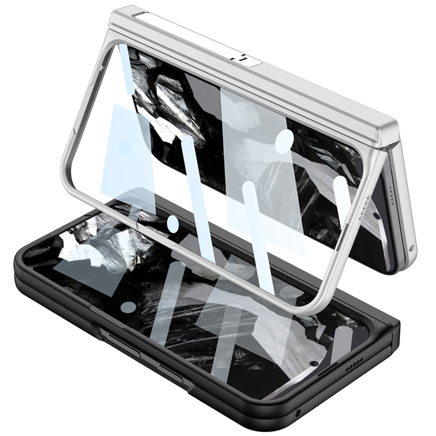 Handyhülle, silberner Rahmen, transparente Paneele, schwarzes Telefon innen, weißer Hintergrund.