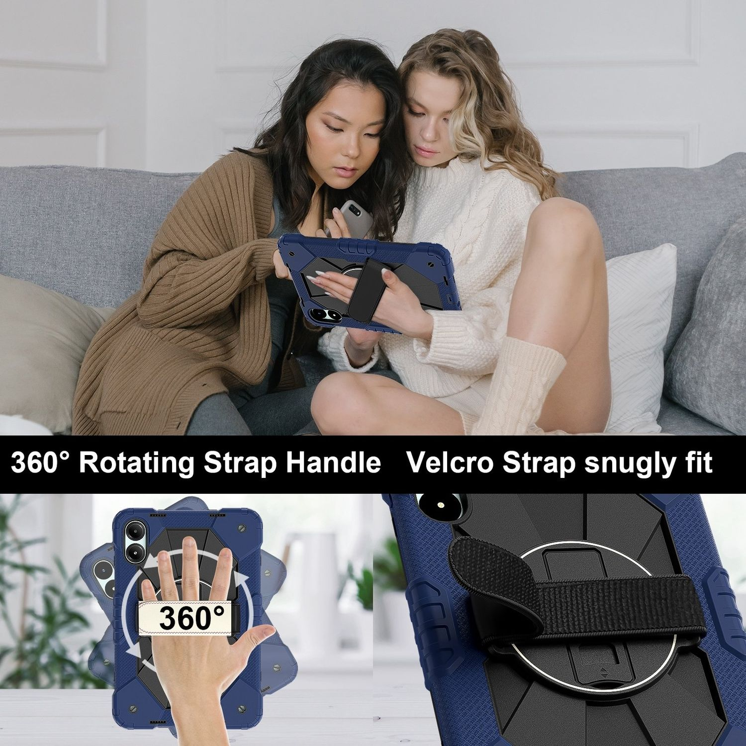 Zwei Frauen mit einer Tablet-Hülle. Die Hülle ist blau mit einem drehbaren Riemen. Die Frauen sitzen auf einem grauen Sofa.