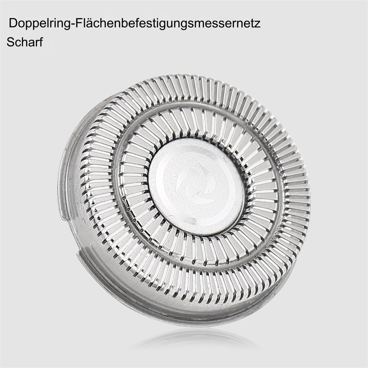 Nahaufnahme eines silbernen Folienrasiererkopfes mit detailliertem Design und weißem Hintergrund.