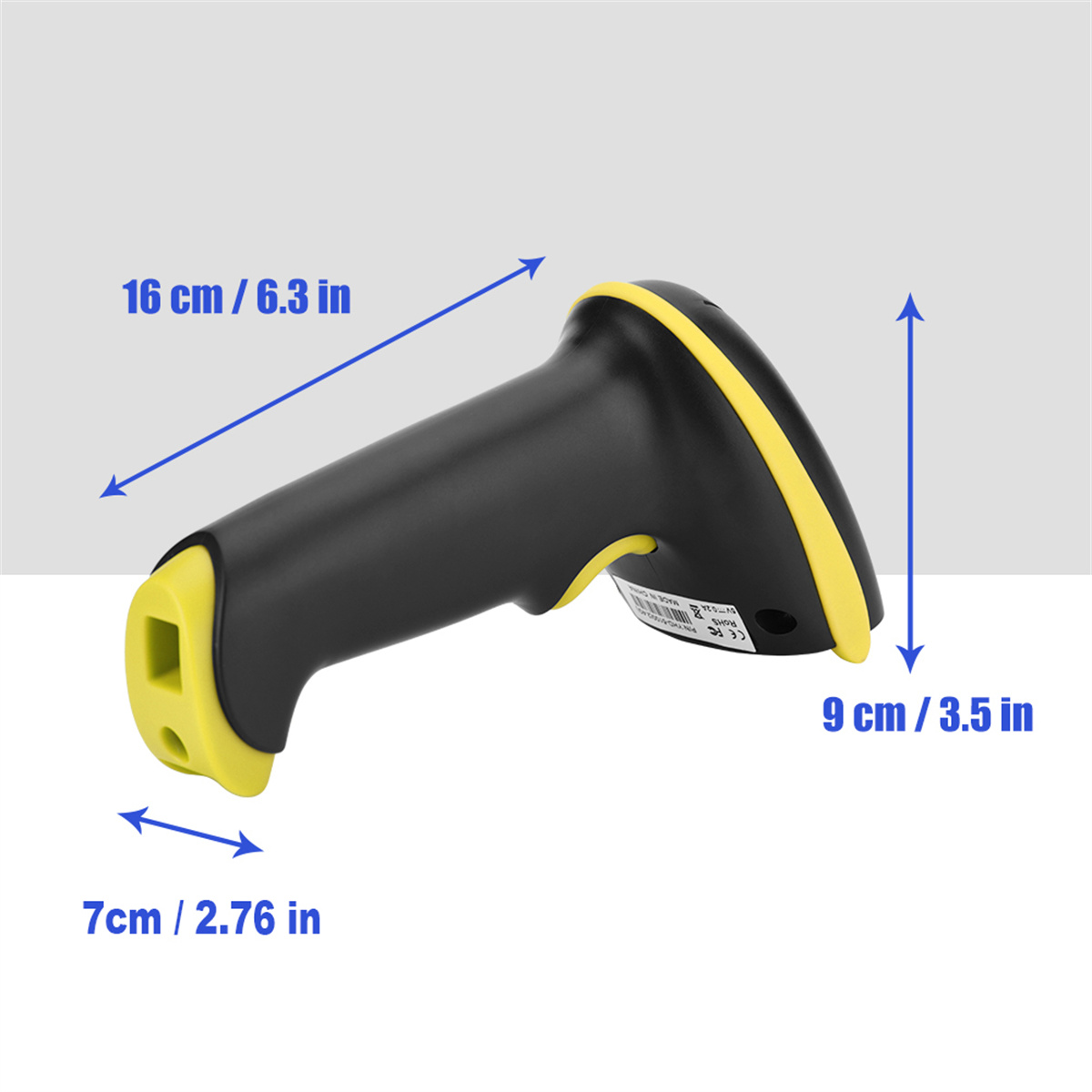 Schwarzer und gelber Barcodescanner mit Abmessungen in cm und Zoll.