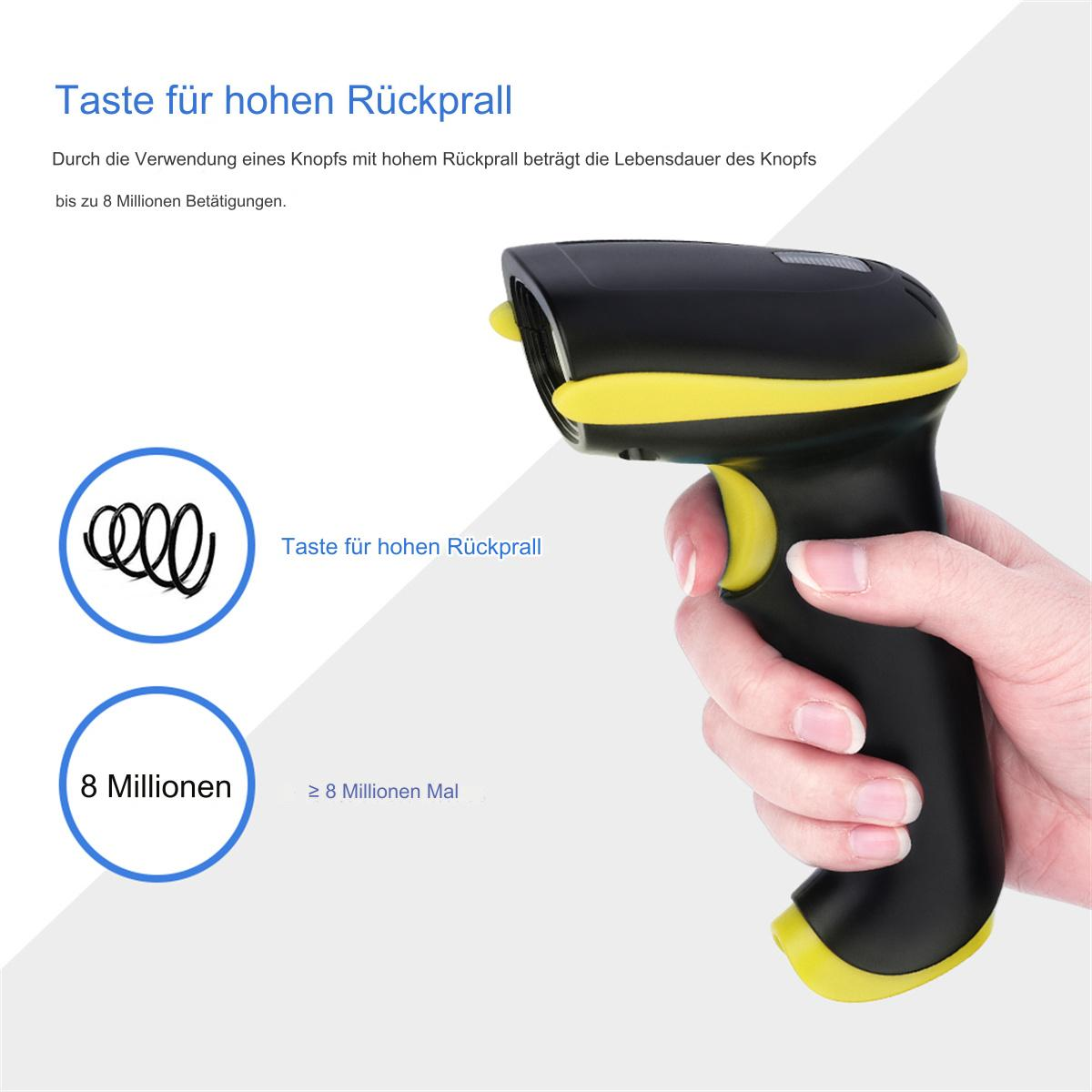 Ein schwarz-gelber Barcodescanner wird von einer Hand gehalten, mit Text und einer Kreisgrafik.