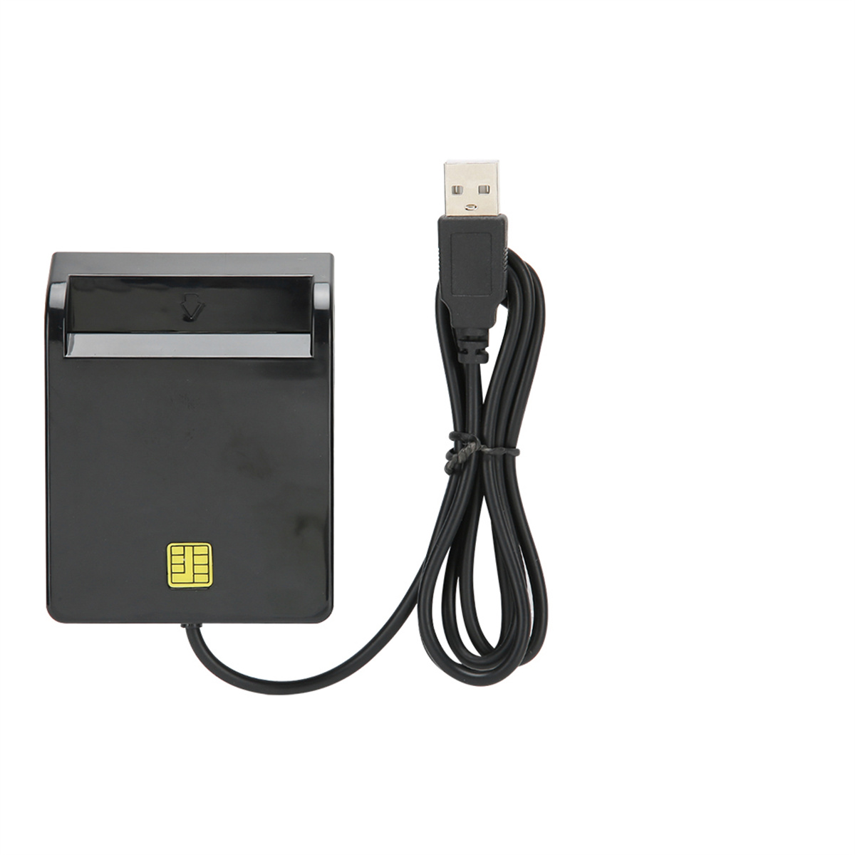 Ein schwarzes Kartenlesegerät mit einem USB-Kabel und einer SIM-Karte darin.